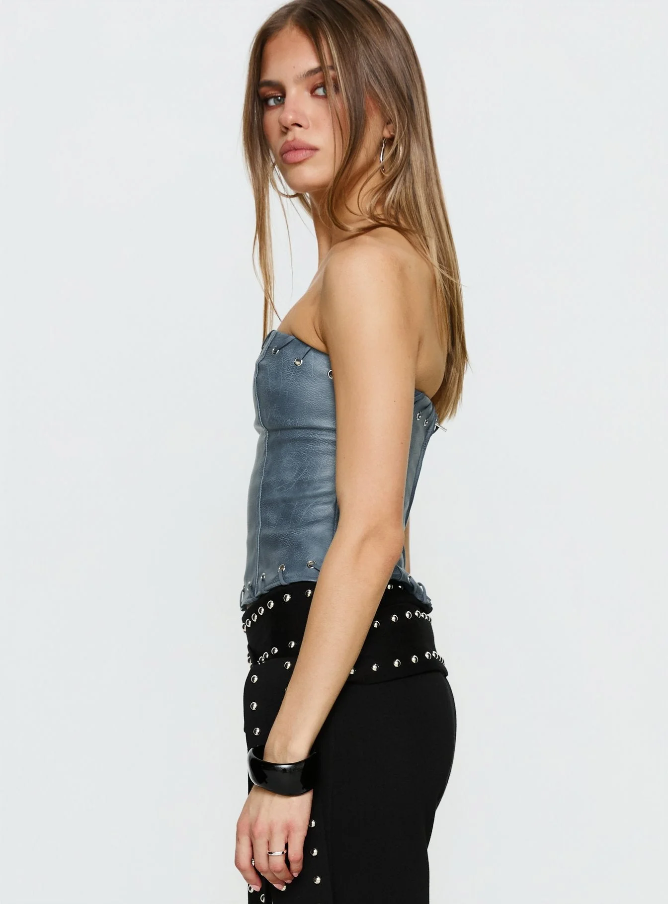 Pammie Faux Leather Strapless Top Blue - Image 4