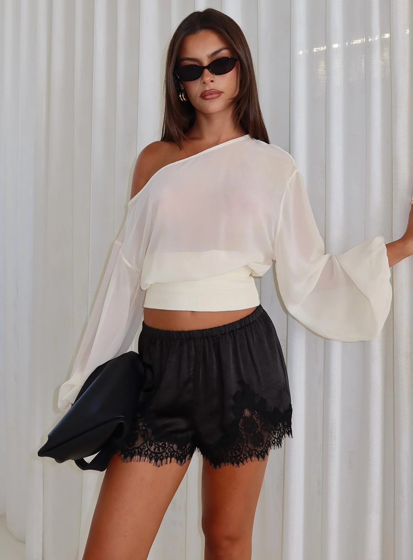 Parisse Satin Lace Trim Shorts Black - Image 8