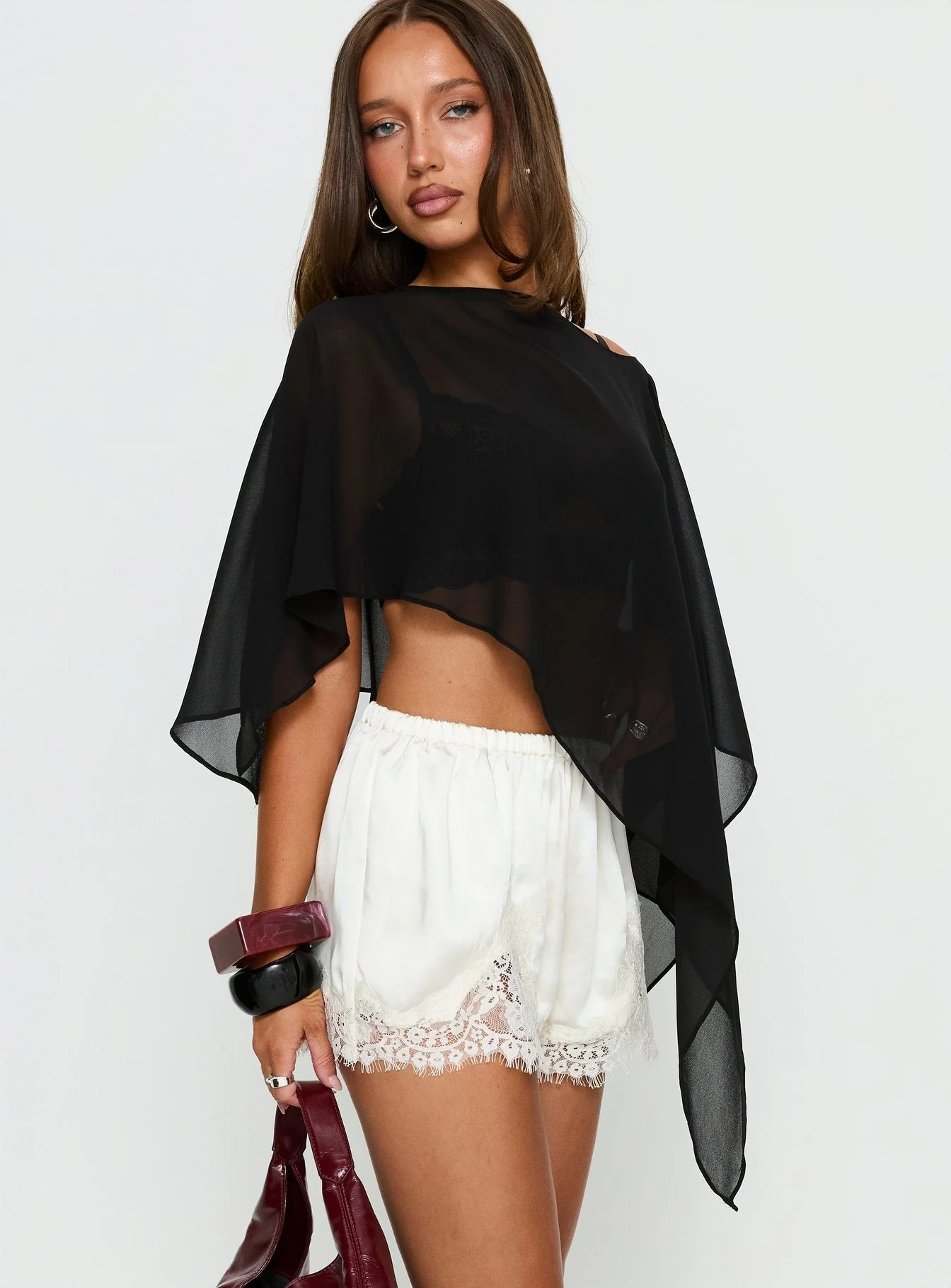 Parisse Satin Lace Trim Shorts Off White - Image 4