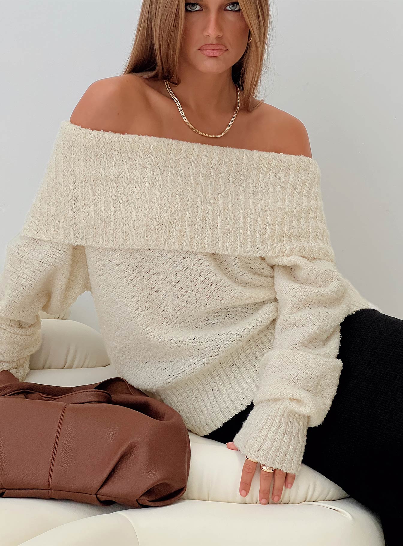 Parkley Boucle Off The Shoulder Sweater Cream - Image 8