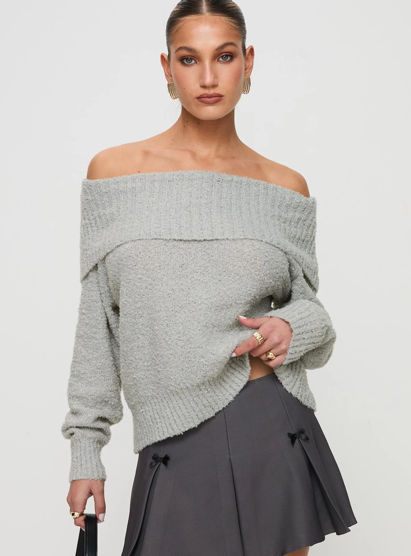 Parkley Boucle Off The Shoulder Sweater Grey Marle - Image 2