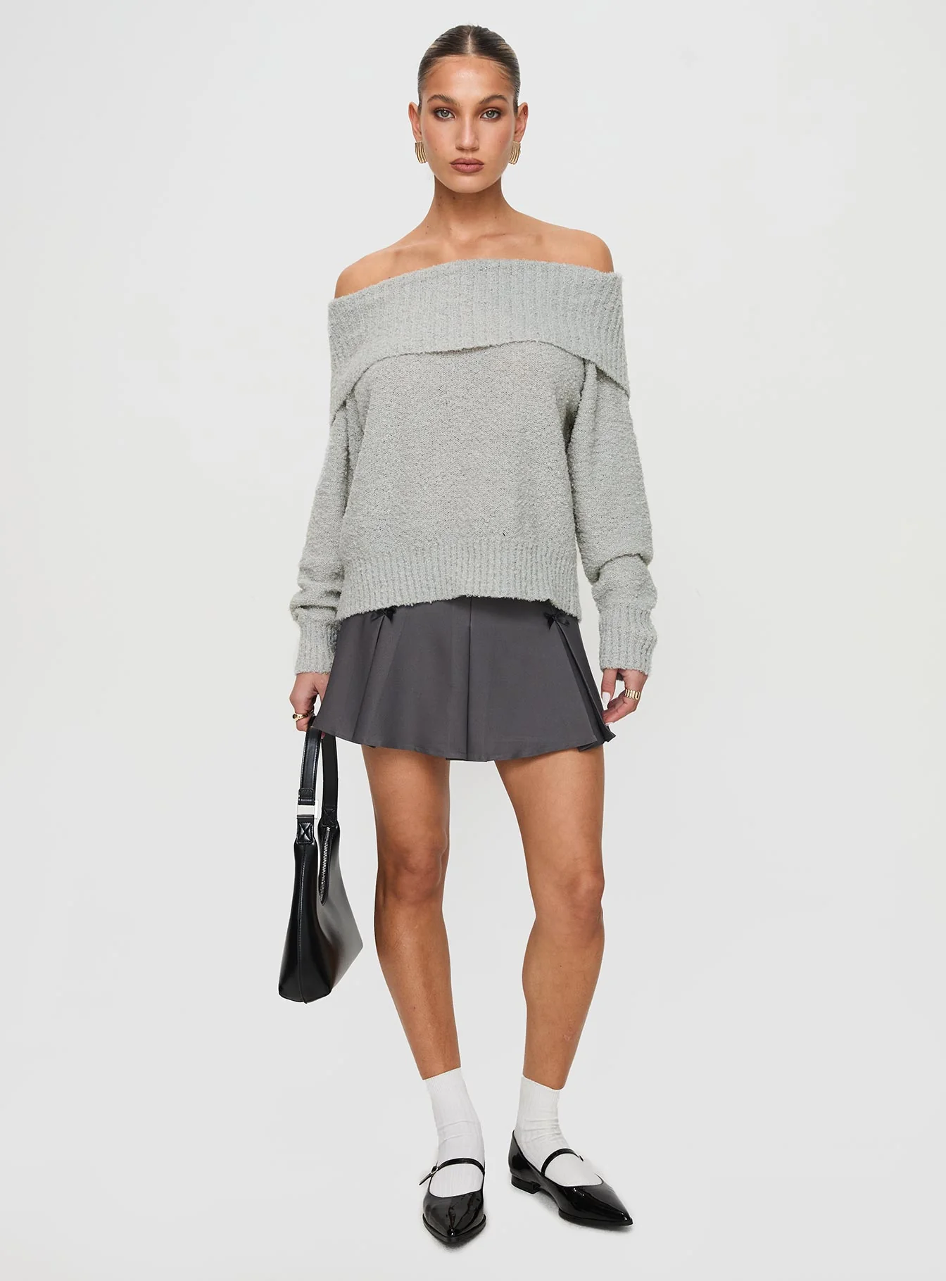 Parkley Boucle Off The Shoulder Sweater Grey Marle - Image 3