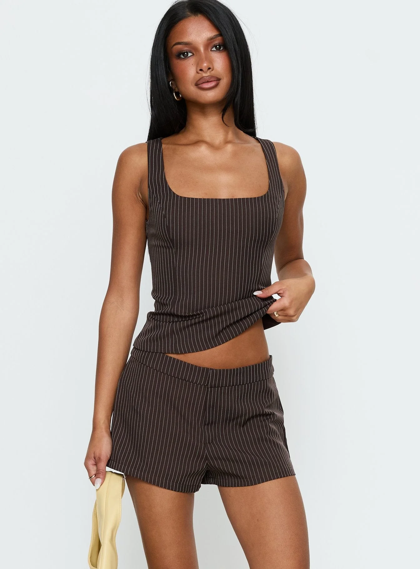 Party Invitations Tailored Shorts Brown Pinstripe - Image 2