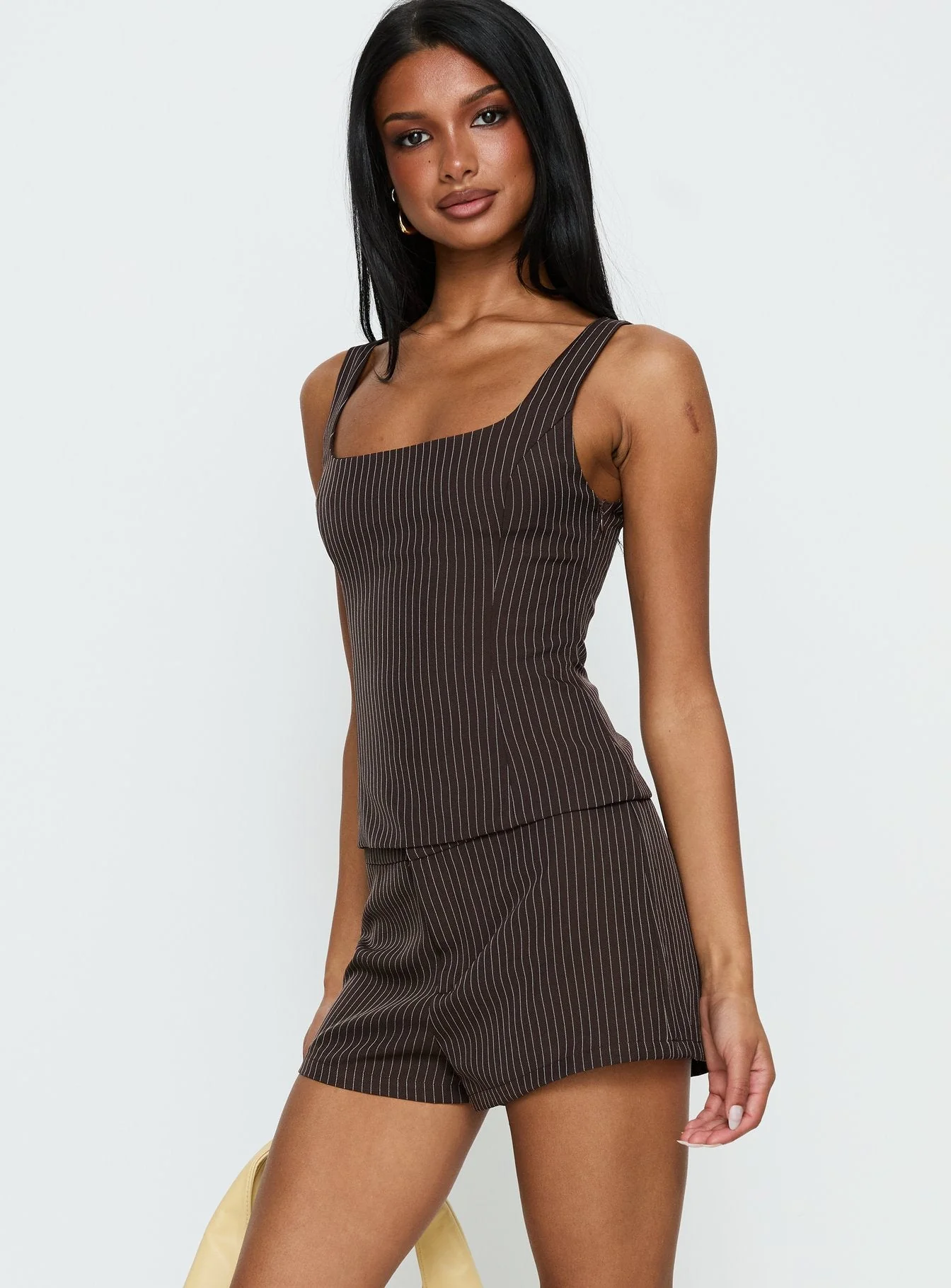 Party Invitations Tailored Shorts Brown Pinstripe - Image 4
