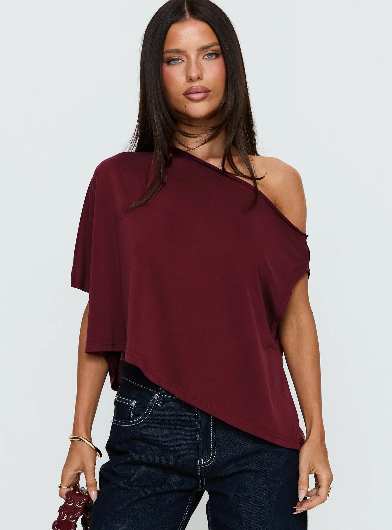 Passerby Asymmetrical Off Shoulder Top Burgundy - Image 2