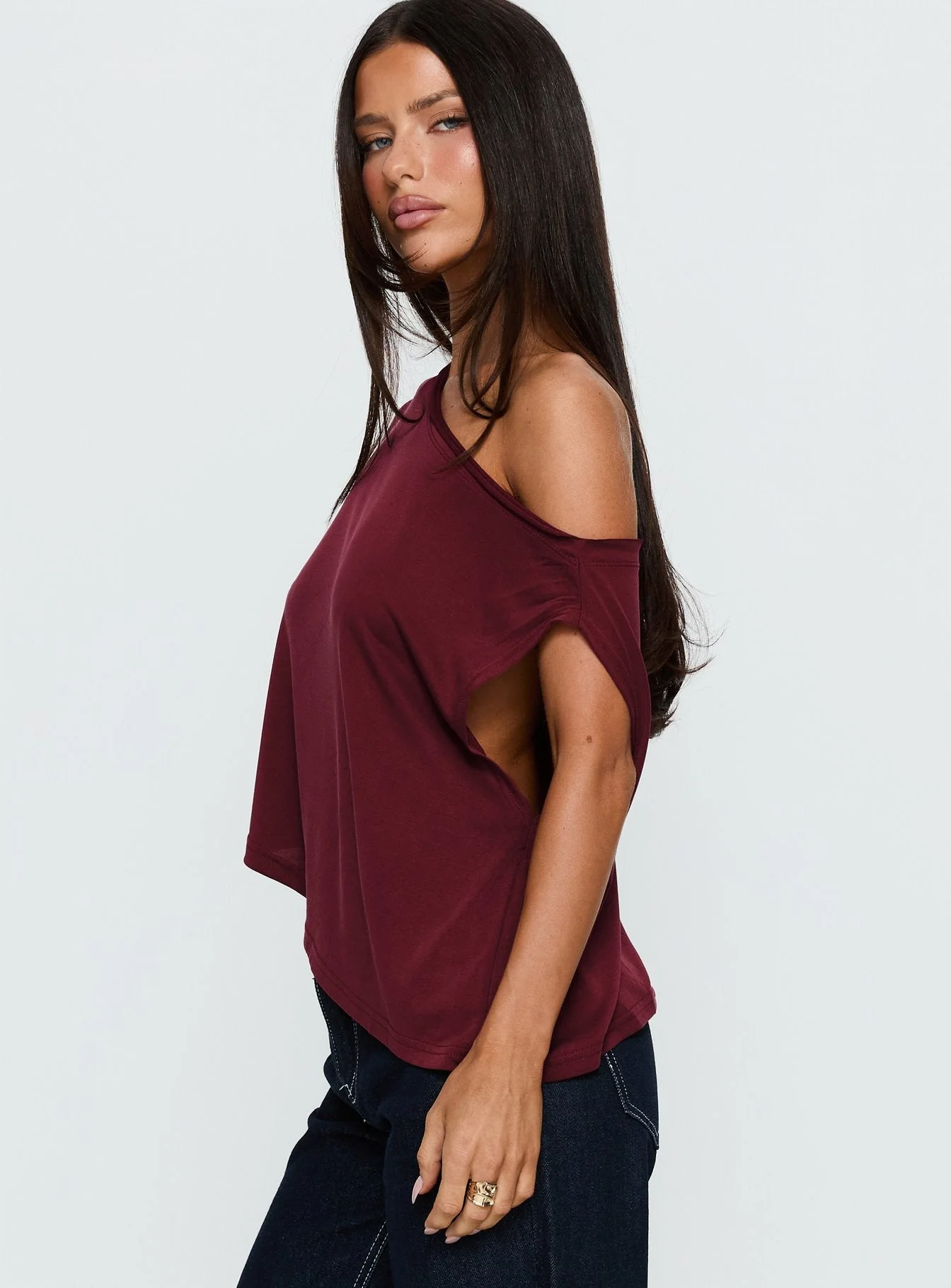 Passerby Asymmetrical Off Shoulder Top Burgundy - Image 4