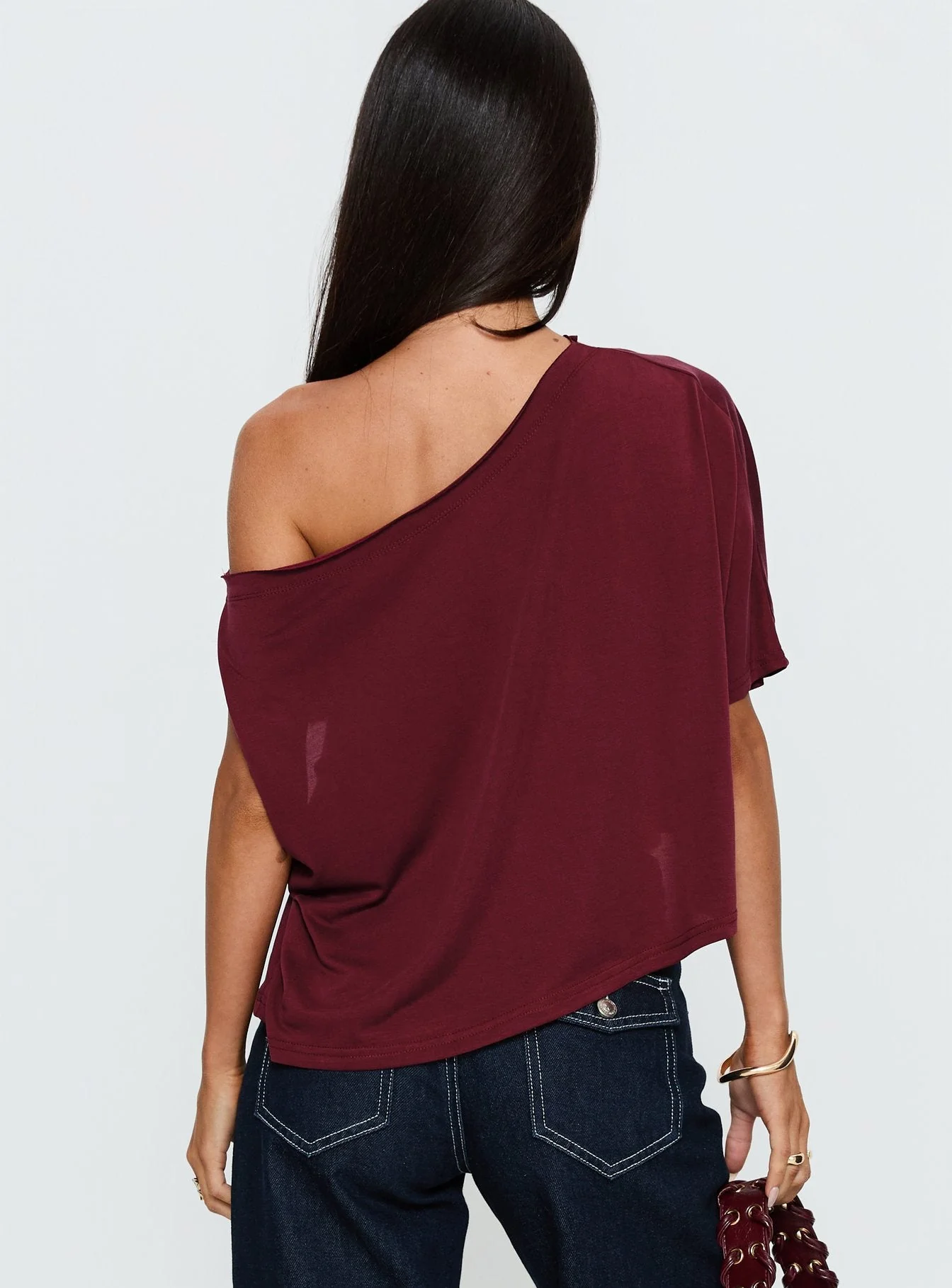 Passerby Asymmetrical Off Shoulder Top Burgundy - Image 5