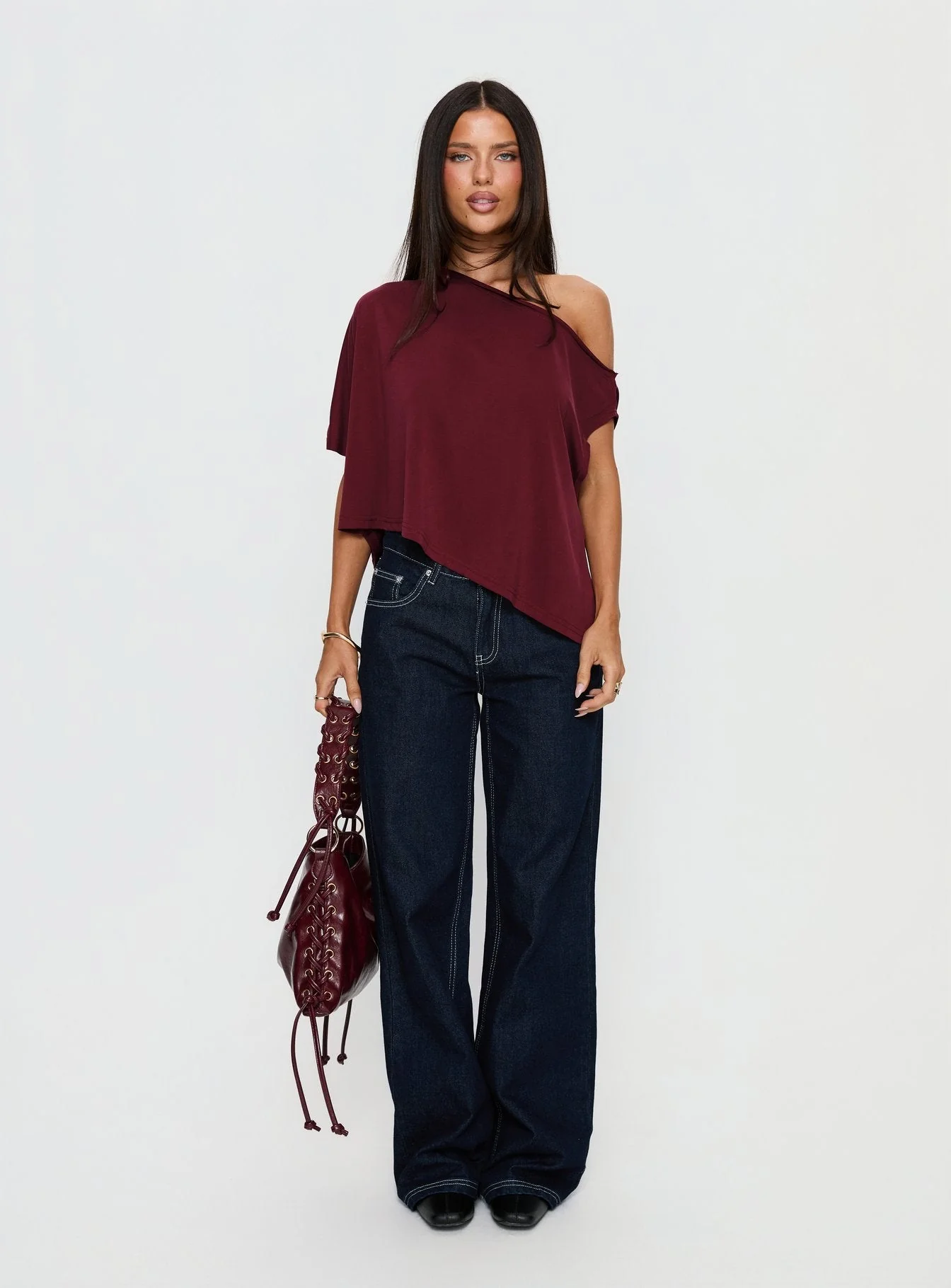 Passerby Asymmetrical Off Shoulder Top Burgundy - Image 7
