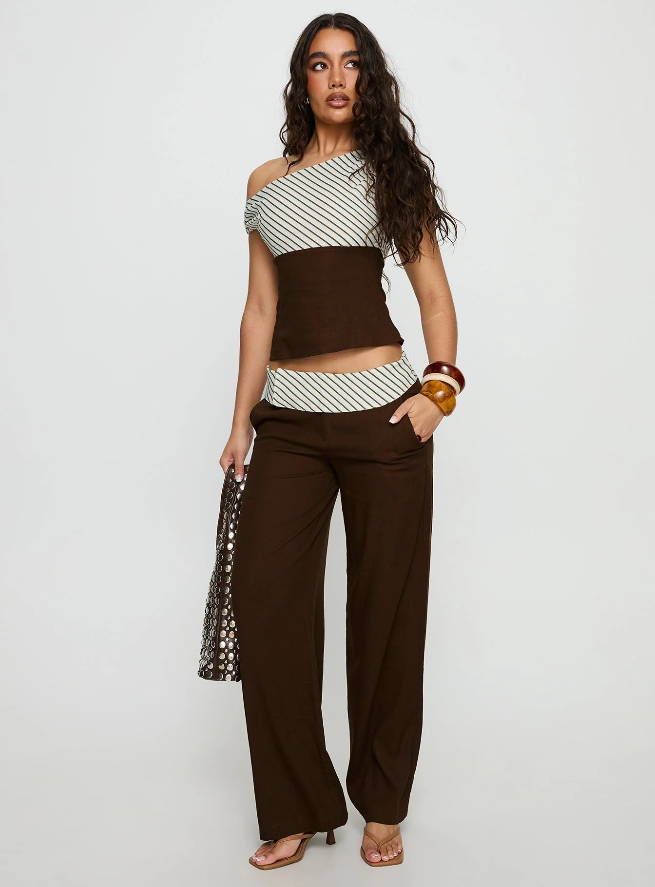Past Life Fold Over Waistband Pant Brown / Stripe - Image 3