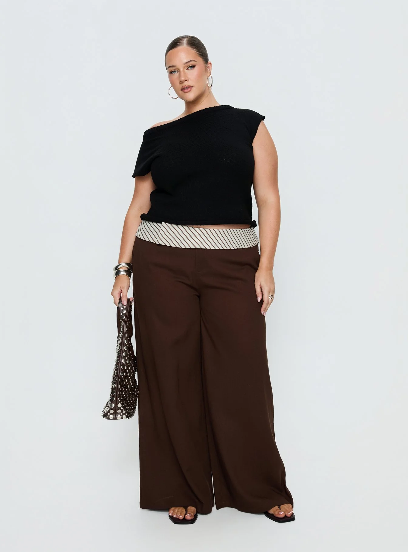 Past Life Fold Over Waistband Pant Brown / Stripe Curve - Image 3