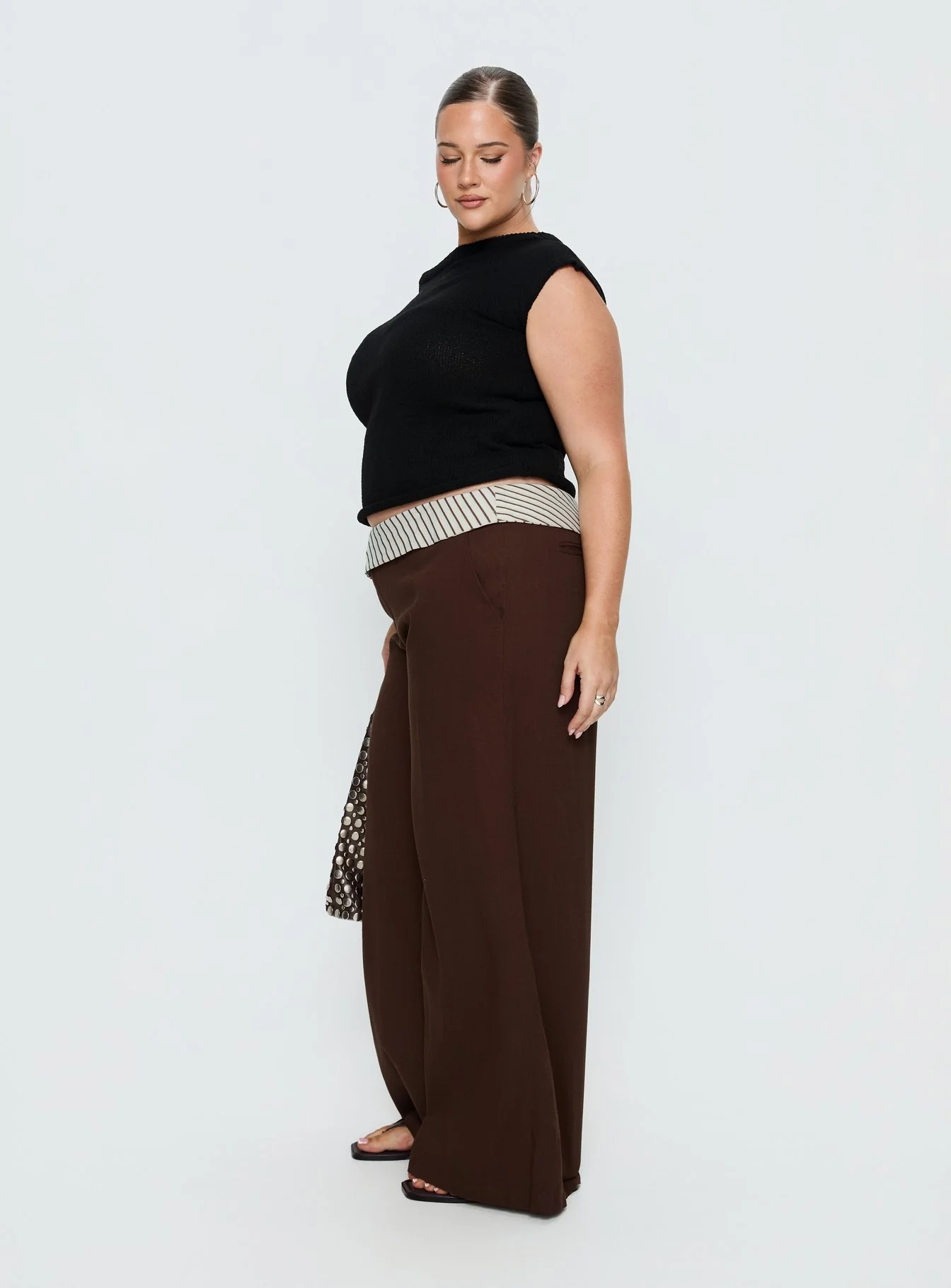 Past Life Fold Over Waistband Pant Brown / Stripe Curve - Image 4