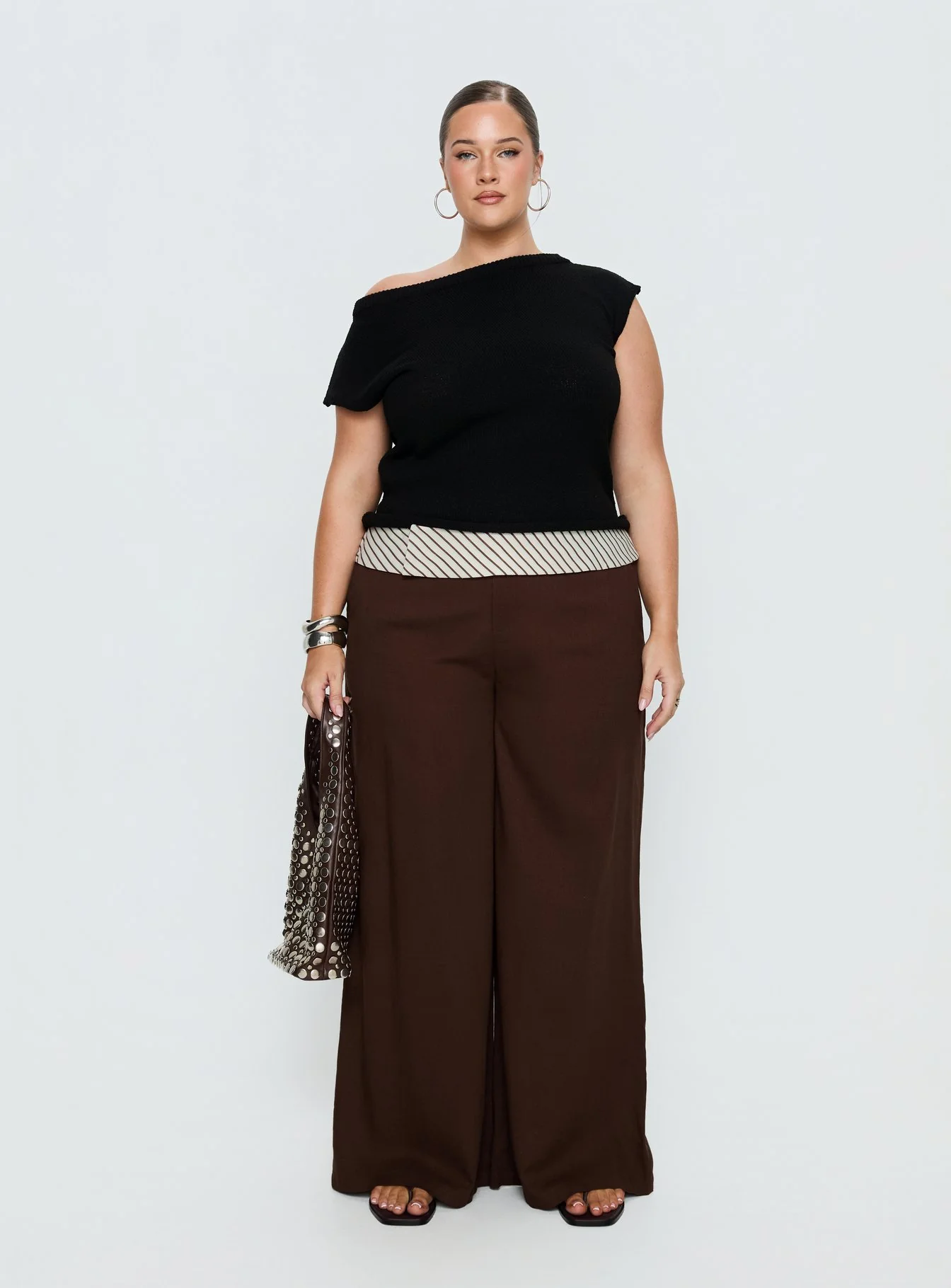 Past Life Fold Over Waistband Pant Brown / Stripe Curve - Image 7