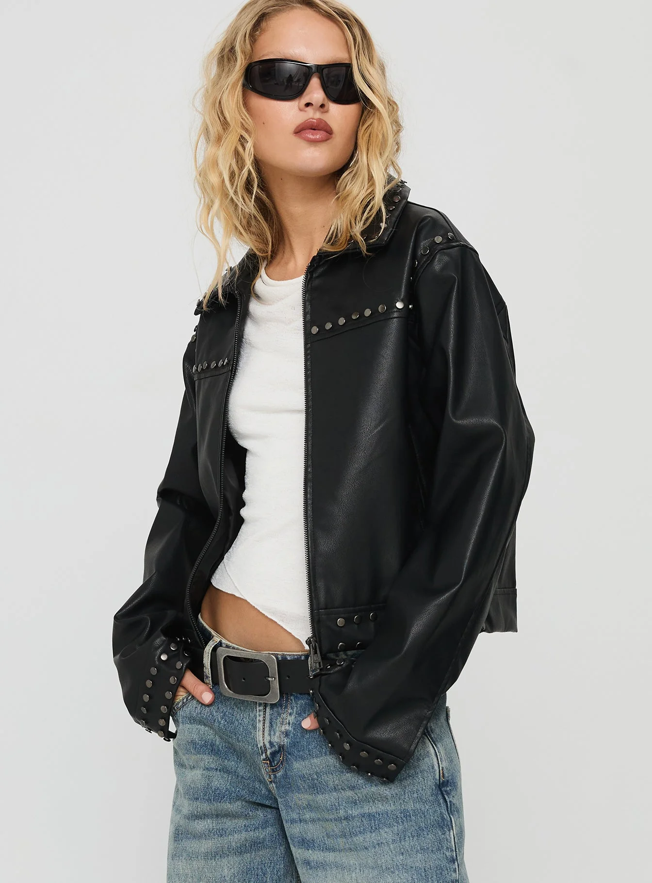 Past Lives Studded Faux Leather Jacket Black - Image 3