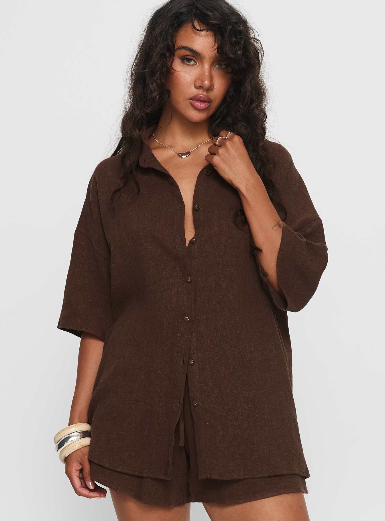 Peni Linen Button Down Top Chocolate - Image 2
