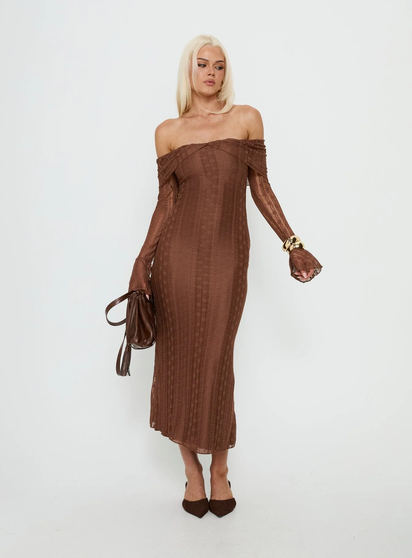 Perdita Long Sleeve Lace Maxi Dress Chocolate - Image 2