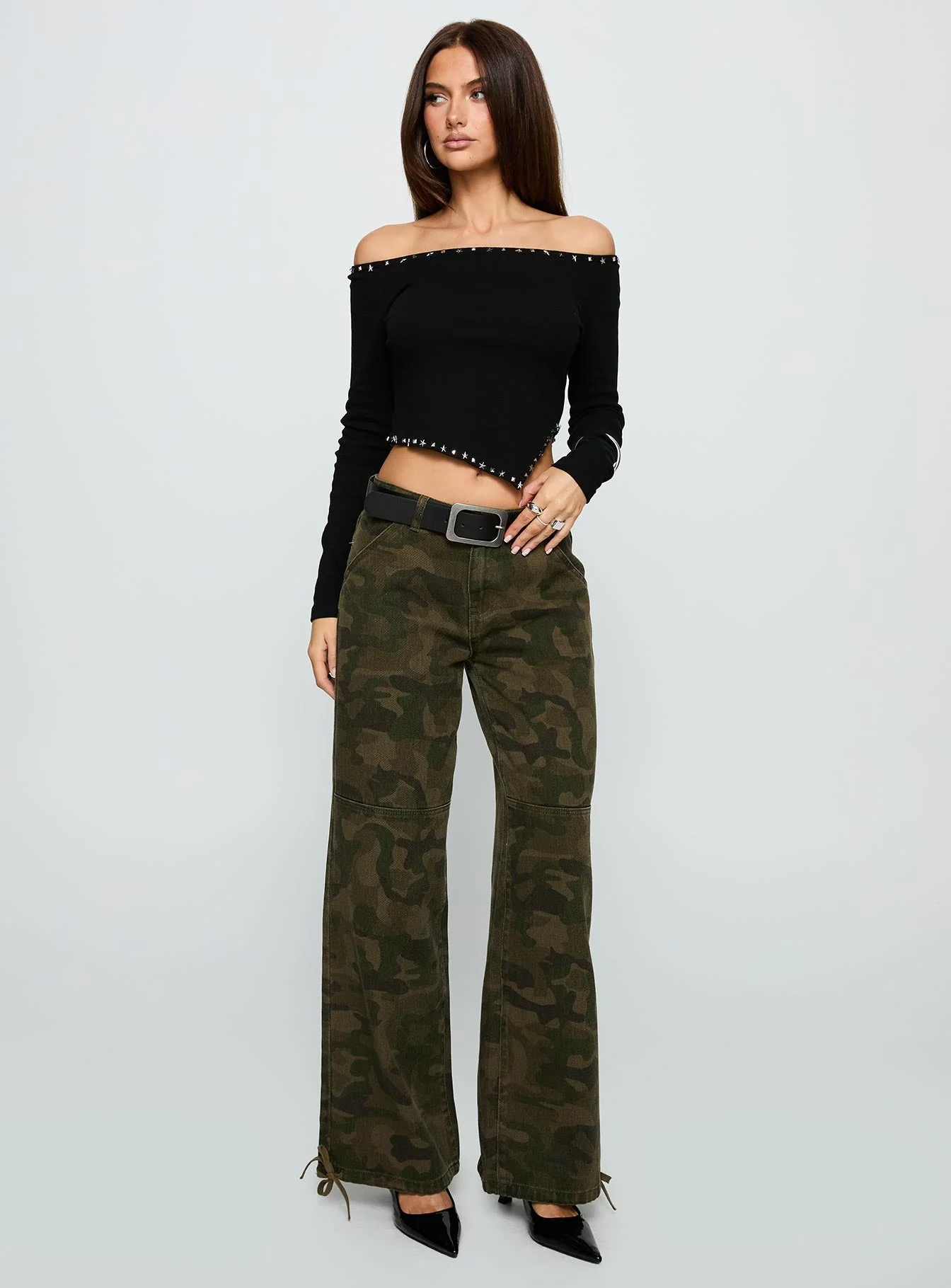 Perfect Cadence Stud Detail Off Shoulder Top Black - Image 3