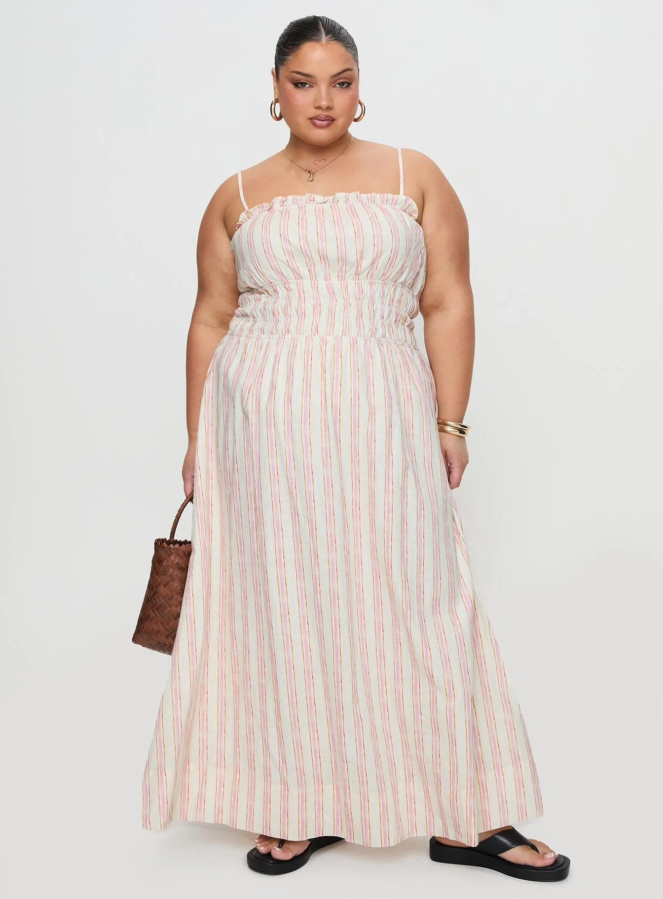 Persephone Shirring Linen Maxi Dress Pink Stripe Curve - Image 2