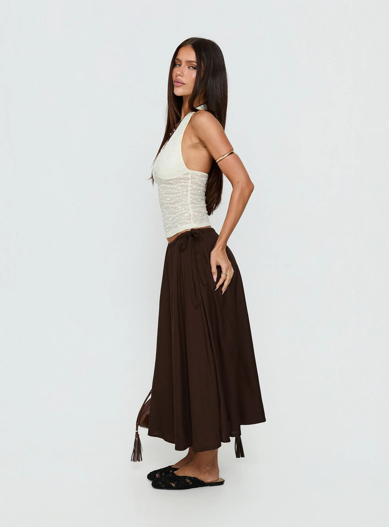 Persuasion Tie Side Midi Skirt Chocolate - Image 4