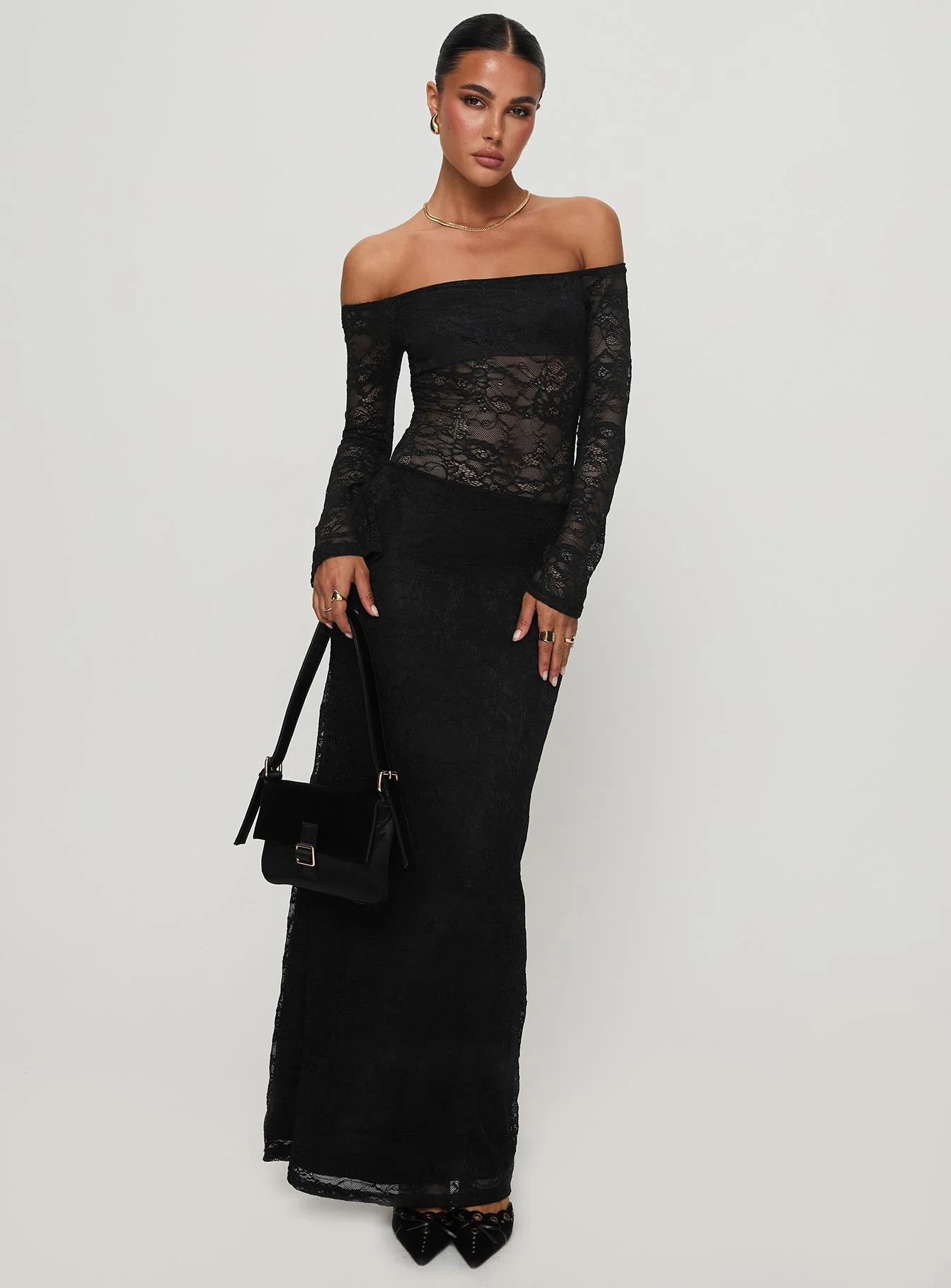 Pinot Grigio Long Sleeve Lace Maxi Dress Black - Image 2