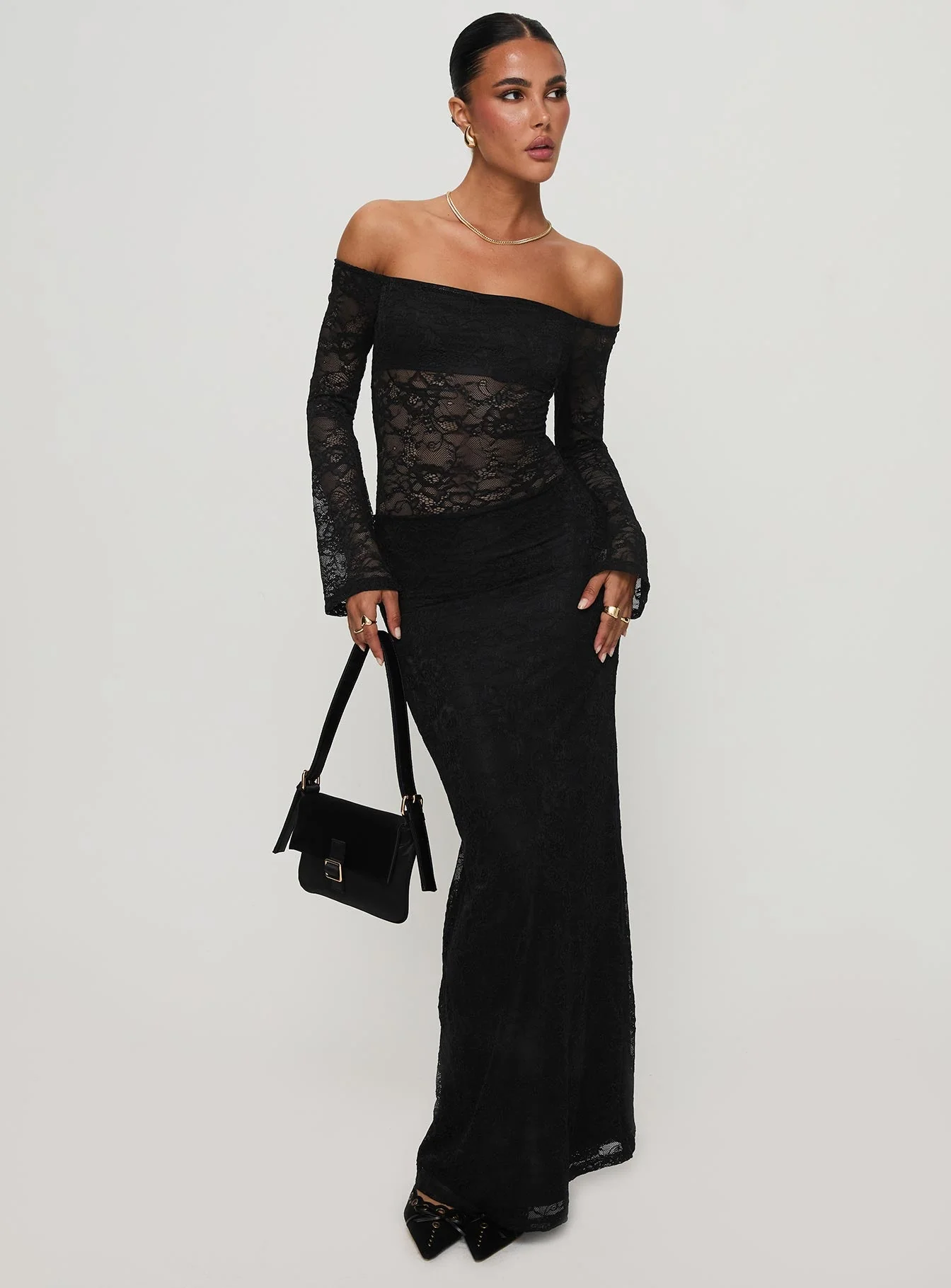 Pinot Grigio Long Sleeve Lace Maxi Dress Black - Image 3