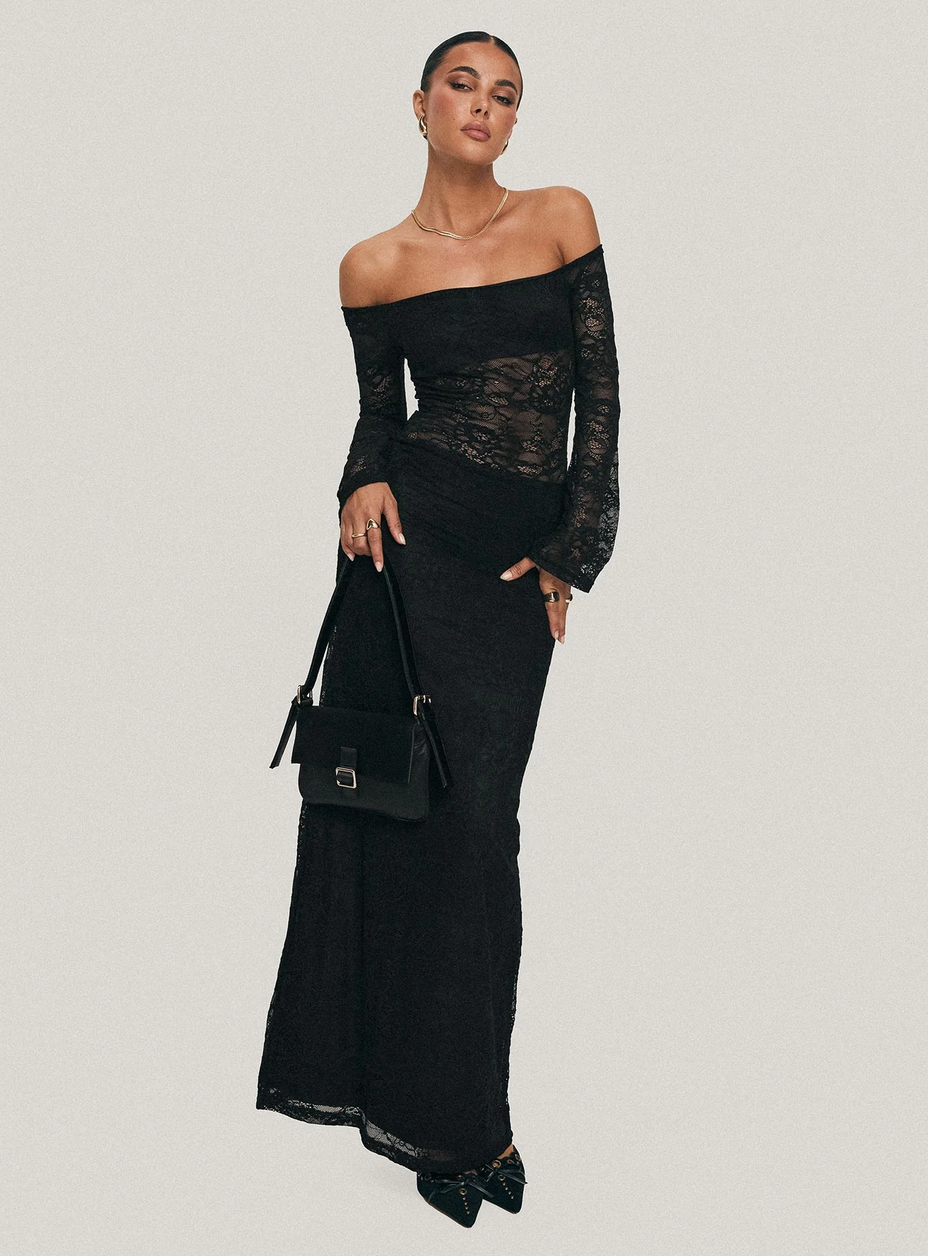 Pinot Grigio Long Sleeve Lace Maxi Dress Black - Image 8