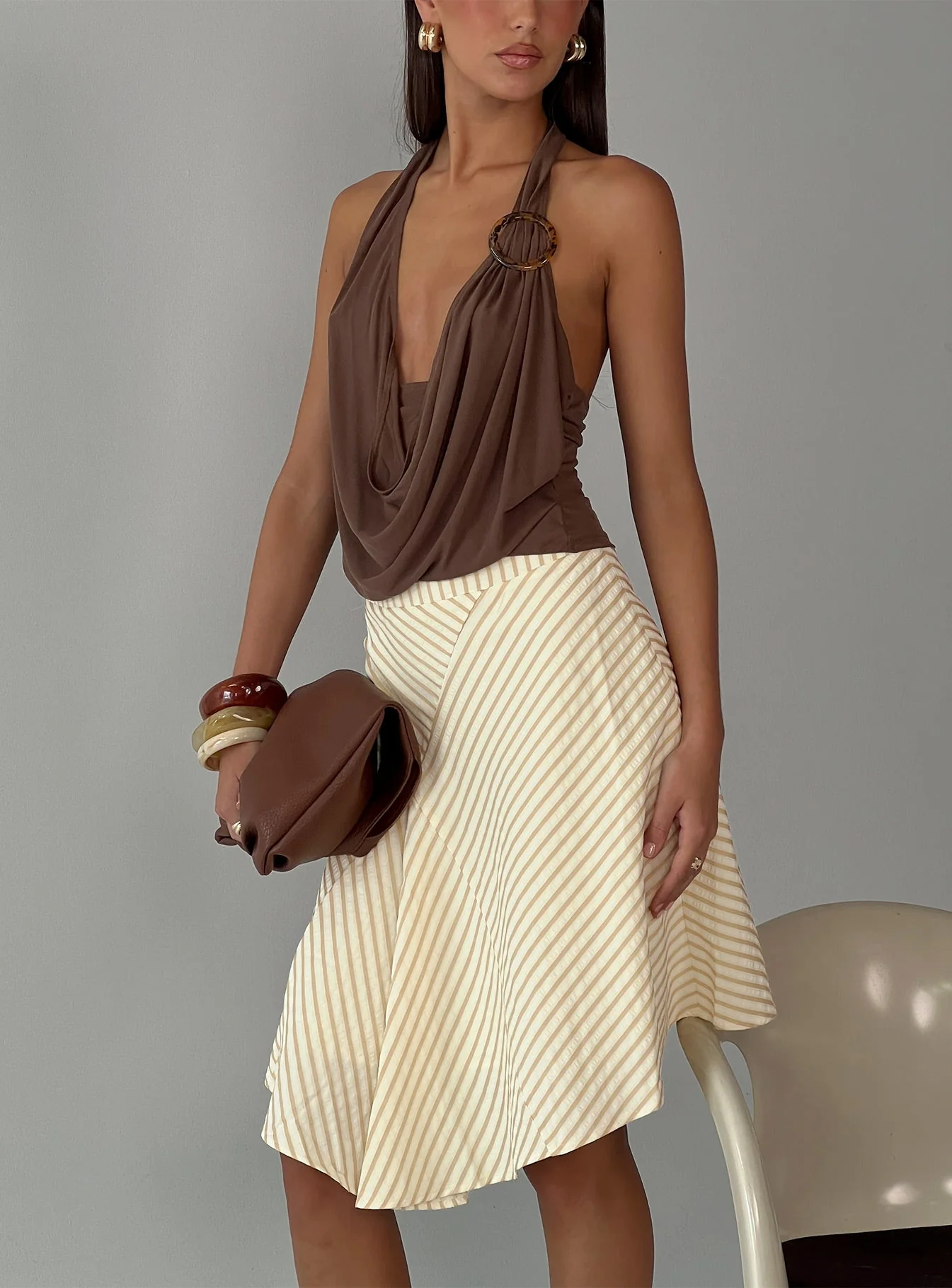Pleasantries Asymmetrical Midi Skirt Cream Stripe