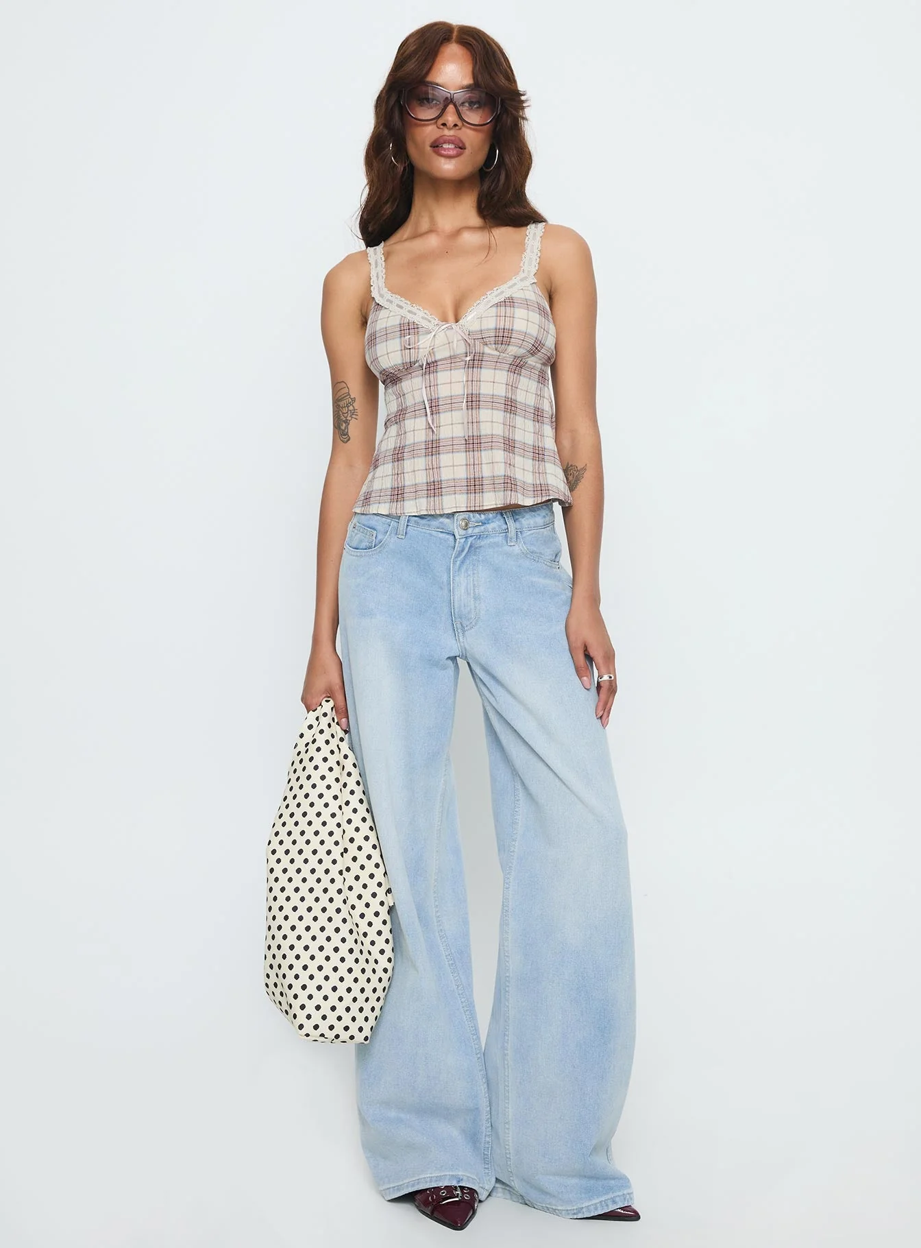 Pretty It Up Tie Detail Top Beige Check - Image 3
