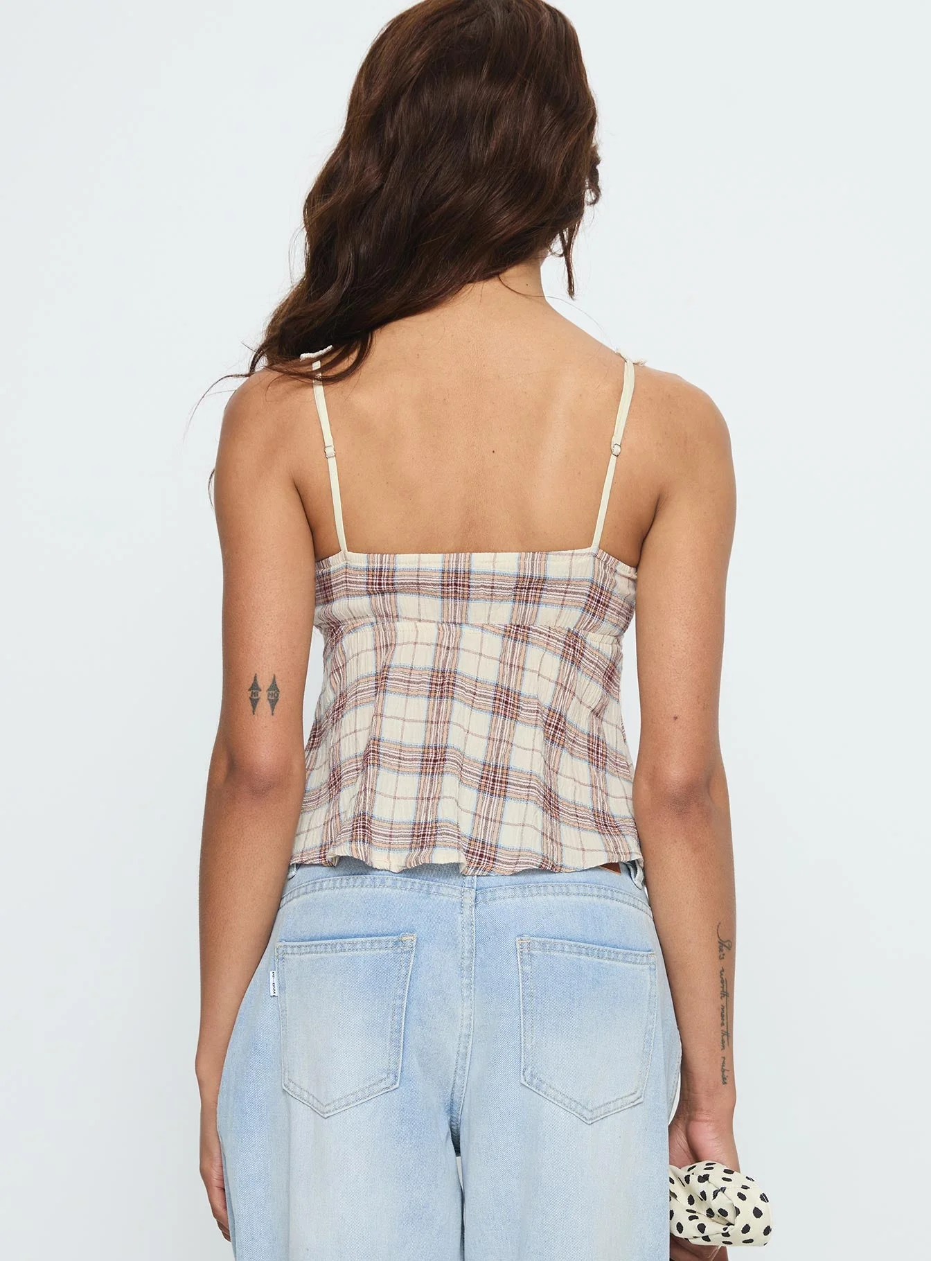 Pretty It Up Tie Detail Top Beige Check - Image 5