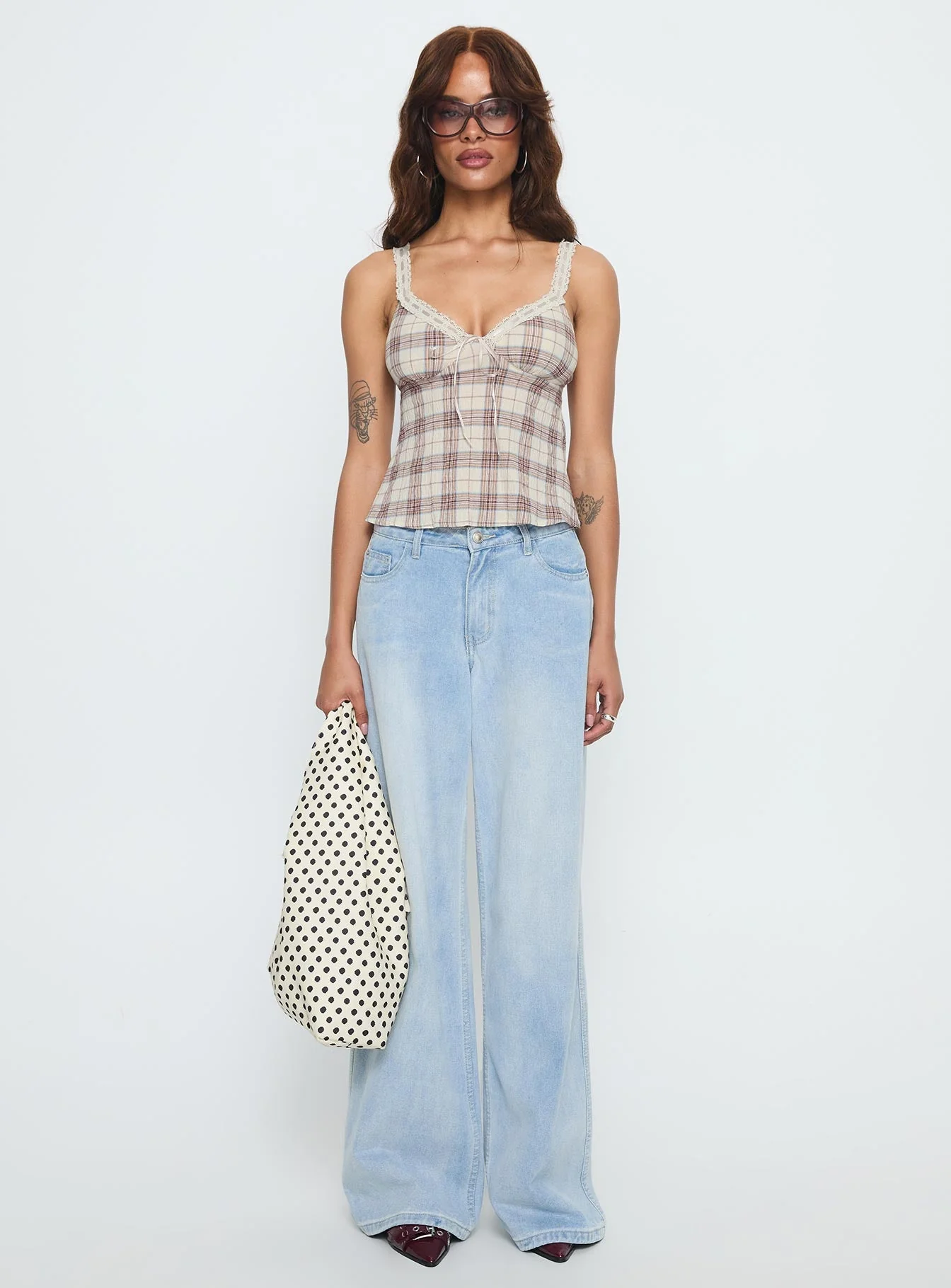 Pretty It Up Tie Detail Top Beige Check - Image 7