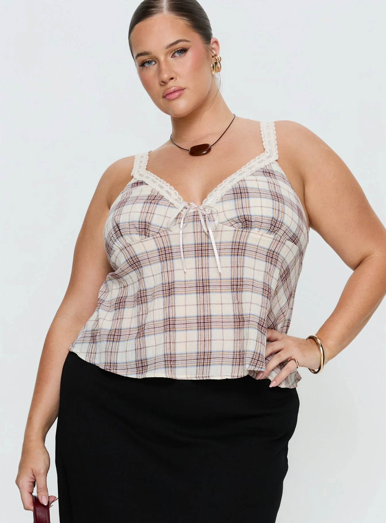 Pretty It Up Tie Detail Top Beige Check Curve - Image 2