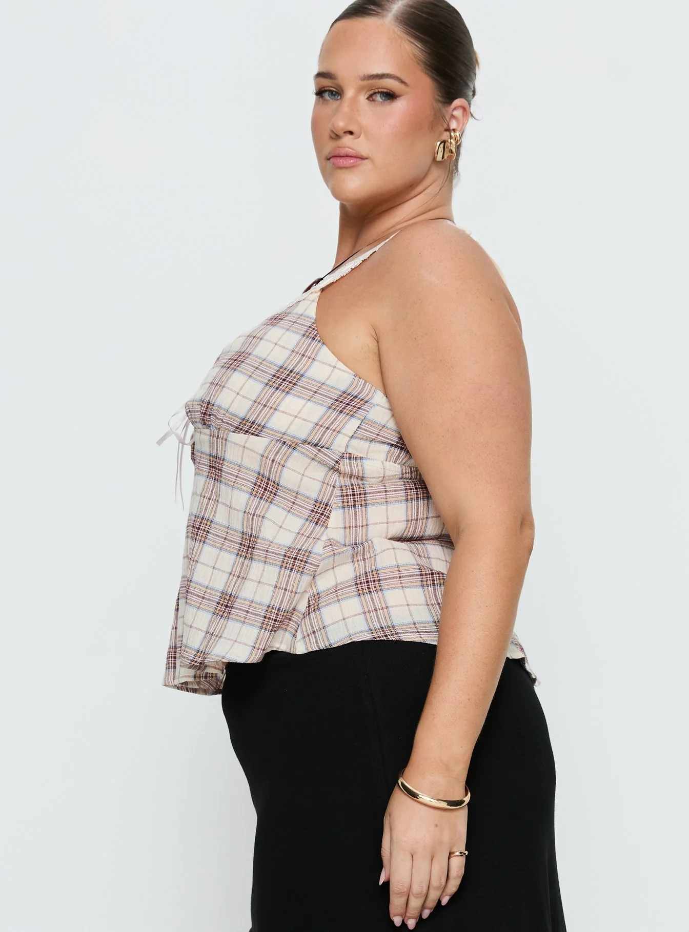 Pretty It Up Tie Detail Top Beige Check Curve - Image 4