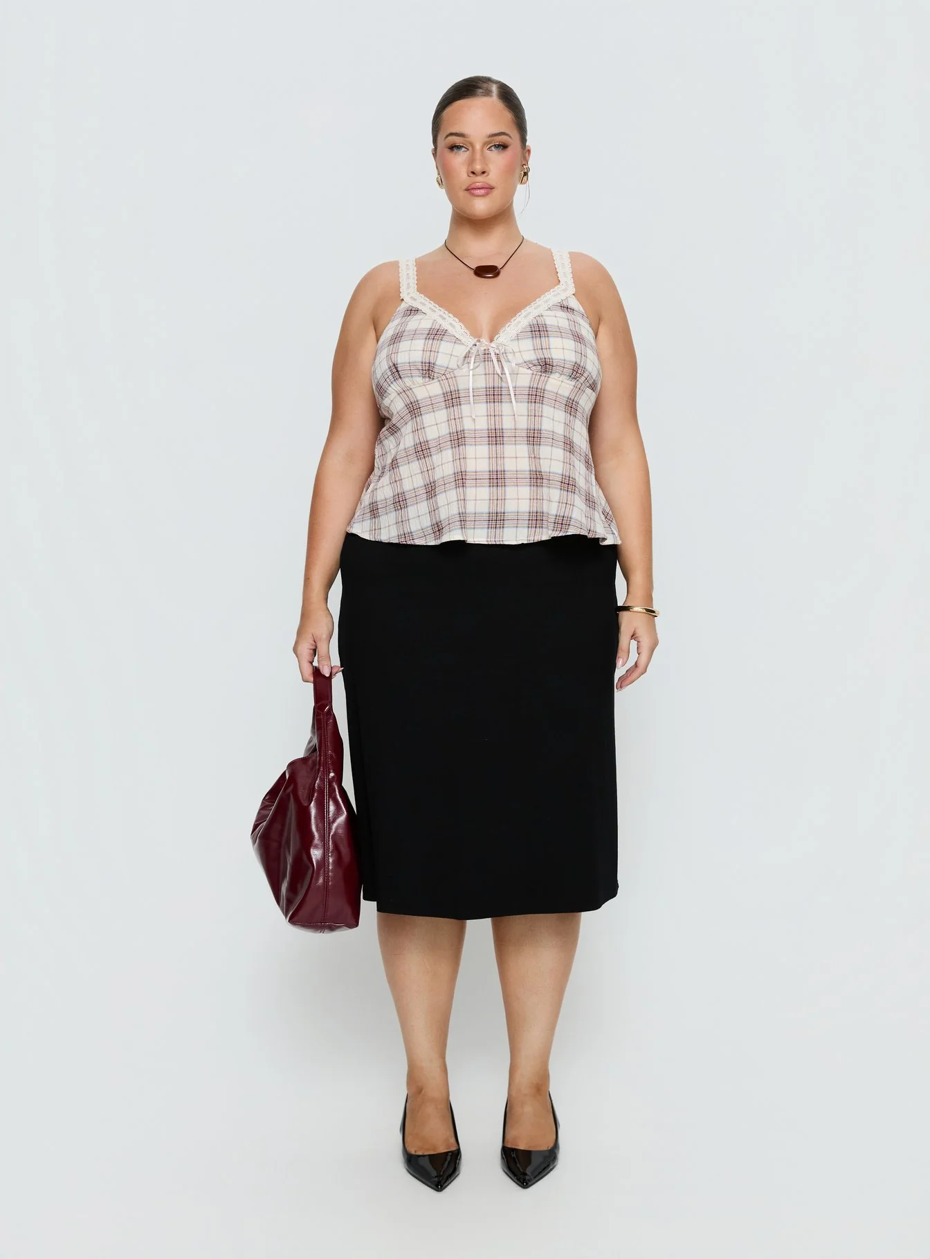 Pretty It Up Tie Detail Top Beige Check Curve - Image 7