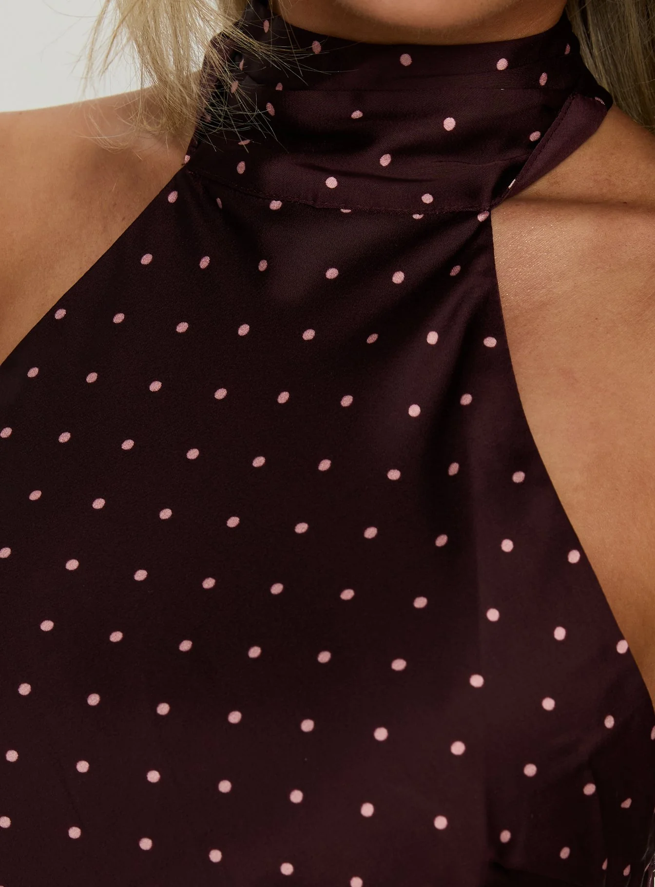Primevere Halter Mini Dress Burgundy Polka Dot - Image 5
