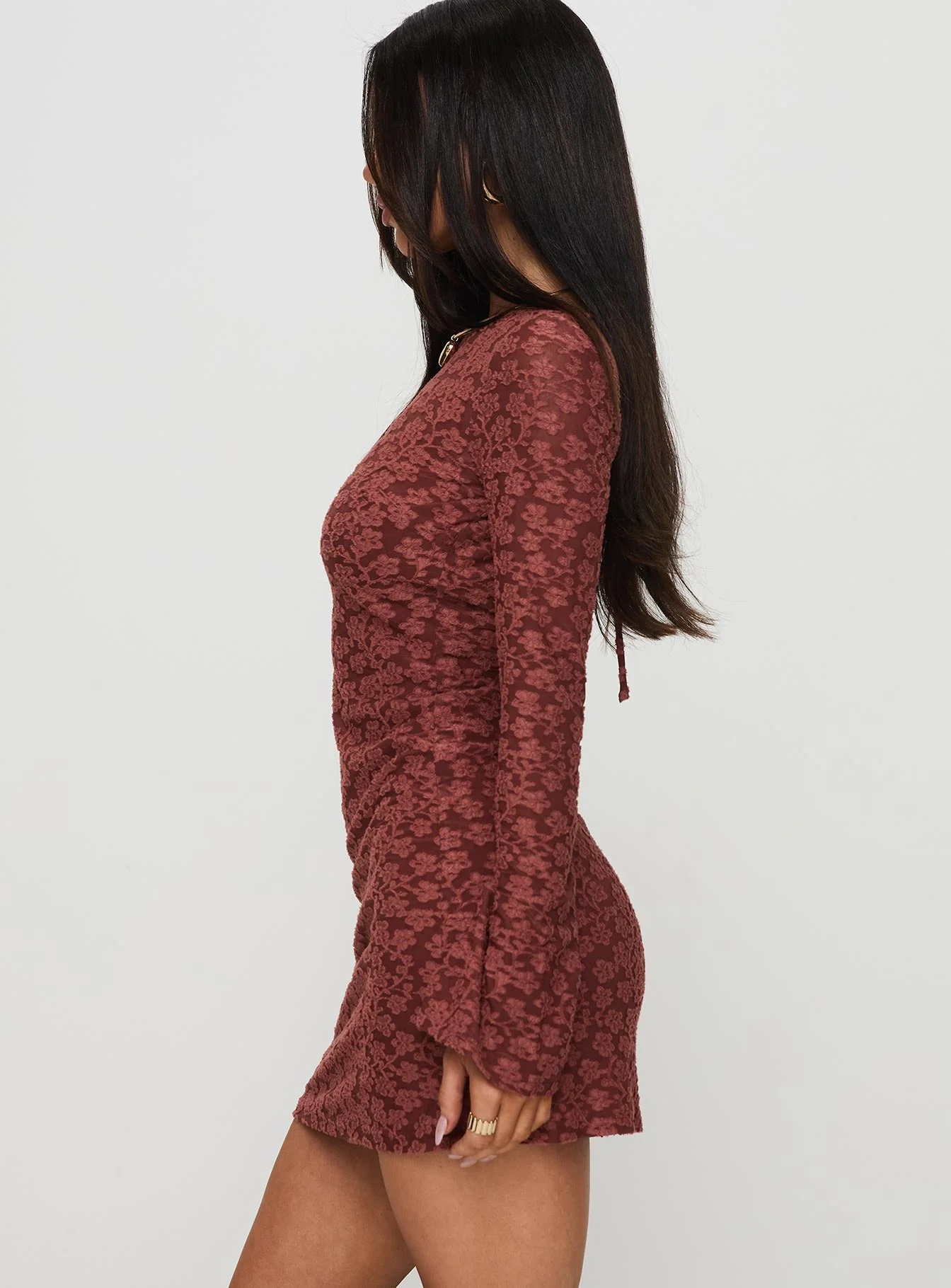 Primrosa Long Sleeve Mini Dress Burgundy - Image 3