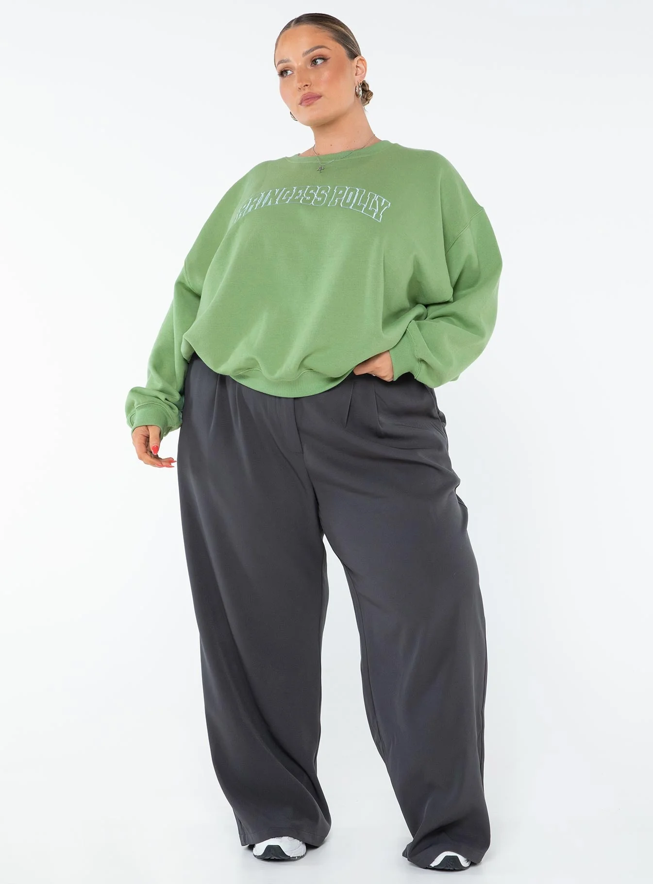 Princess Polly Crew Neck Sweatshirt Collegiate Text Green Curve - Image 3