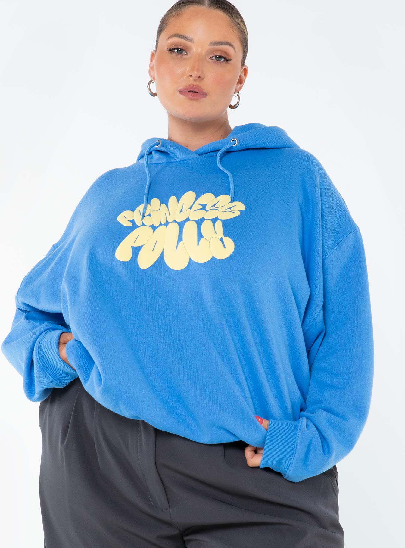 Princess Polly Hooded Sweatshirt Bubble Text Blue / Yellow Curve - Image 2