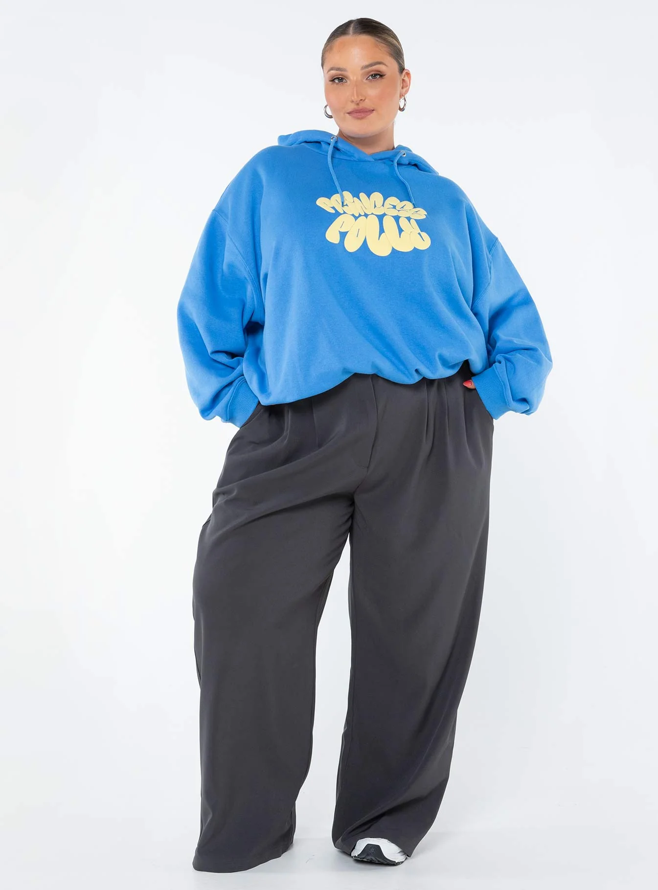 Princess Polly Hooded Sweatshirt Bubble Text Blue / Yellow Curve - Image 3