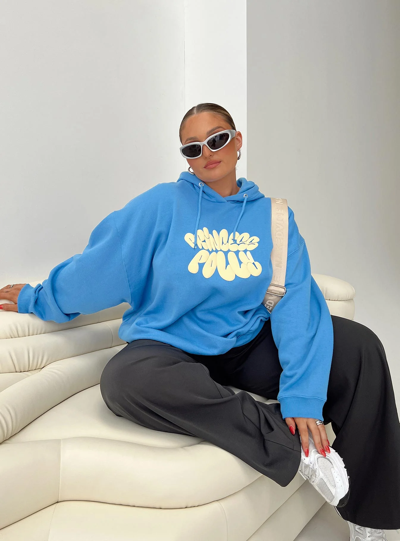 Princess Polly Hooded Sweatshirt Bubble Text Blue / Yellow Curve - Image 6