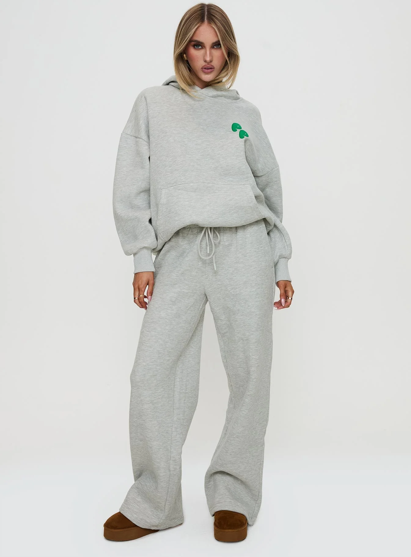 Princess Polly Hooded Sweatshirt Bubble Text Grey Marle / Green - Image 2