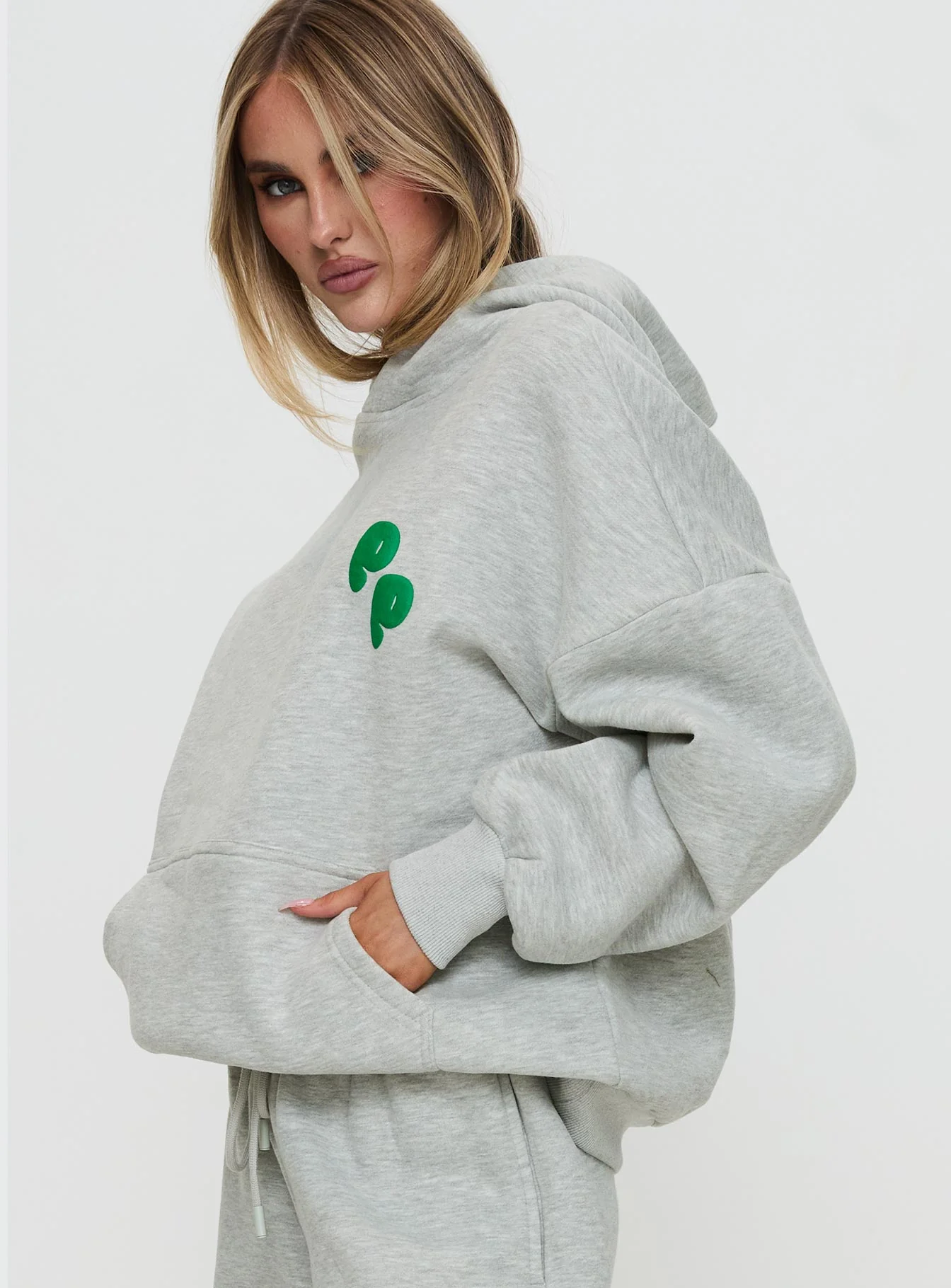 Princess Polly Hooded Sweatshirt Bubble Text Grey Marle / Green - Image 3