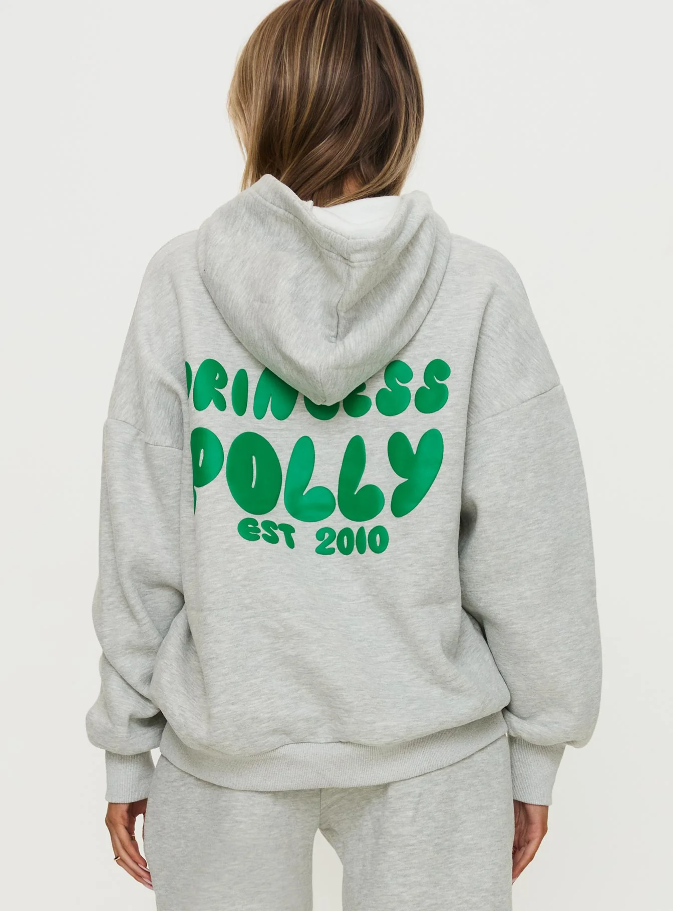 Princess Polly Hooded Sweatshirt Bubble Text Grey Marle / Green - Image 4