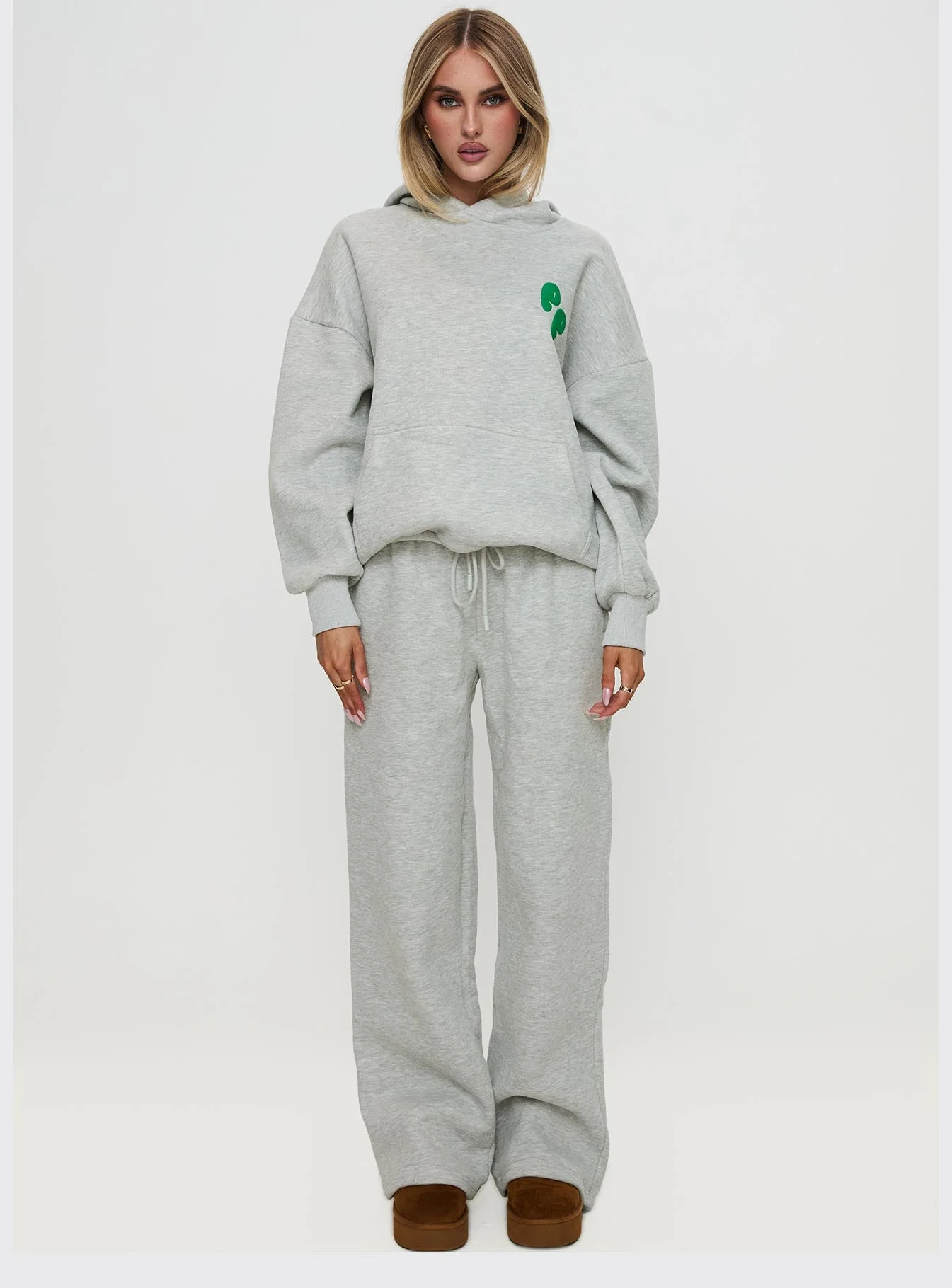 Princess Polly Hooded Sweatshirt Bubble Text Grey Marle / Green - Image 6
