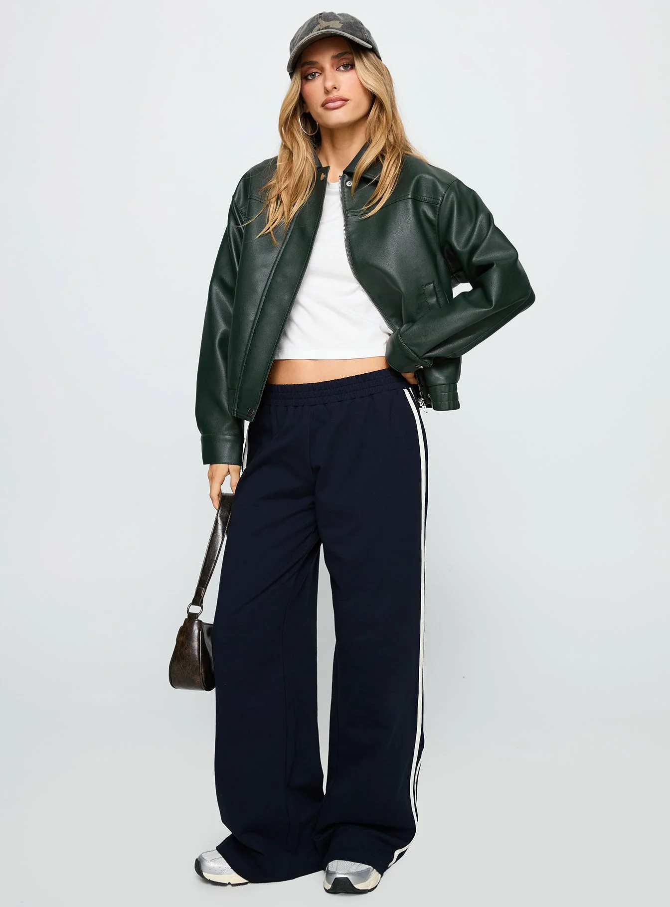 Privilege Faux Leather Bomber Jacket Green - Image 2