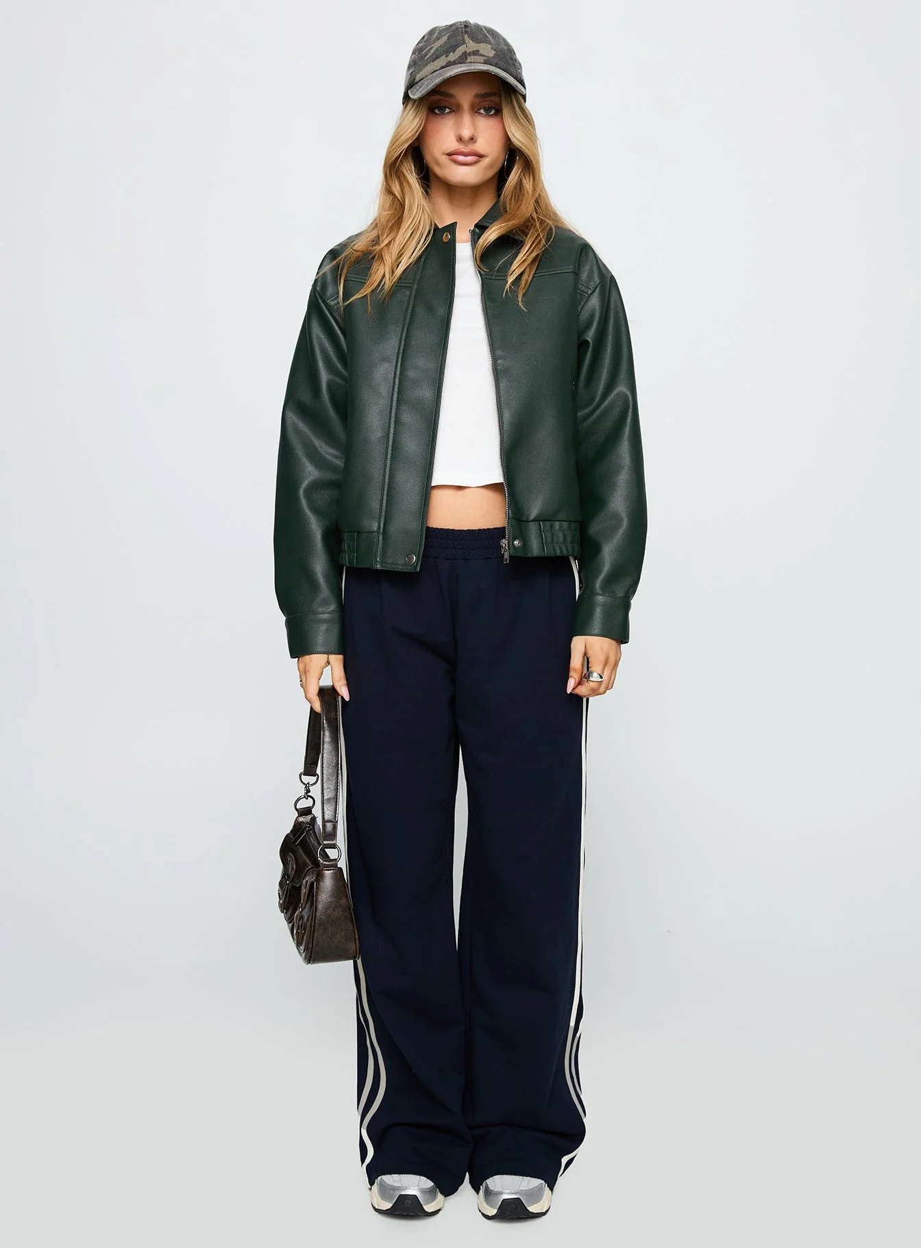 Privilege Faux Leather Bomber Jacket Green - Image 6