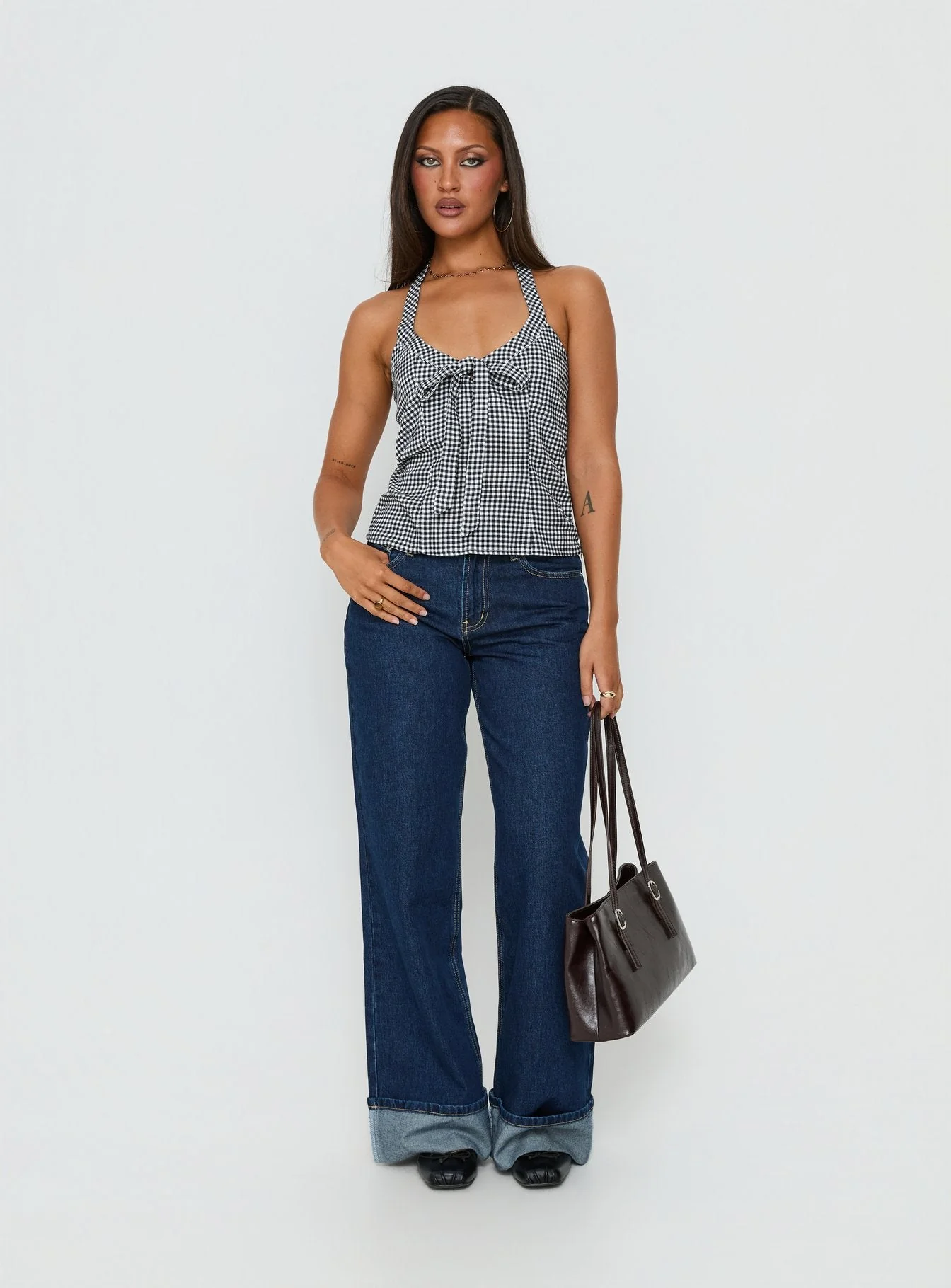 Puzzle Pieces Tie Detail Halter Top Black / White Gingham - Image 2