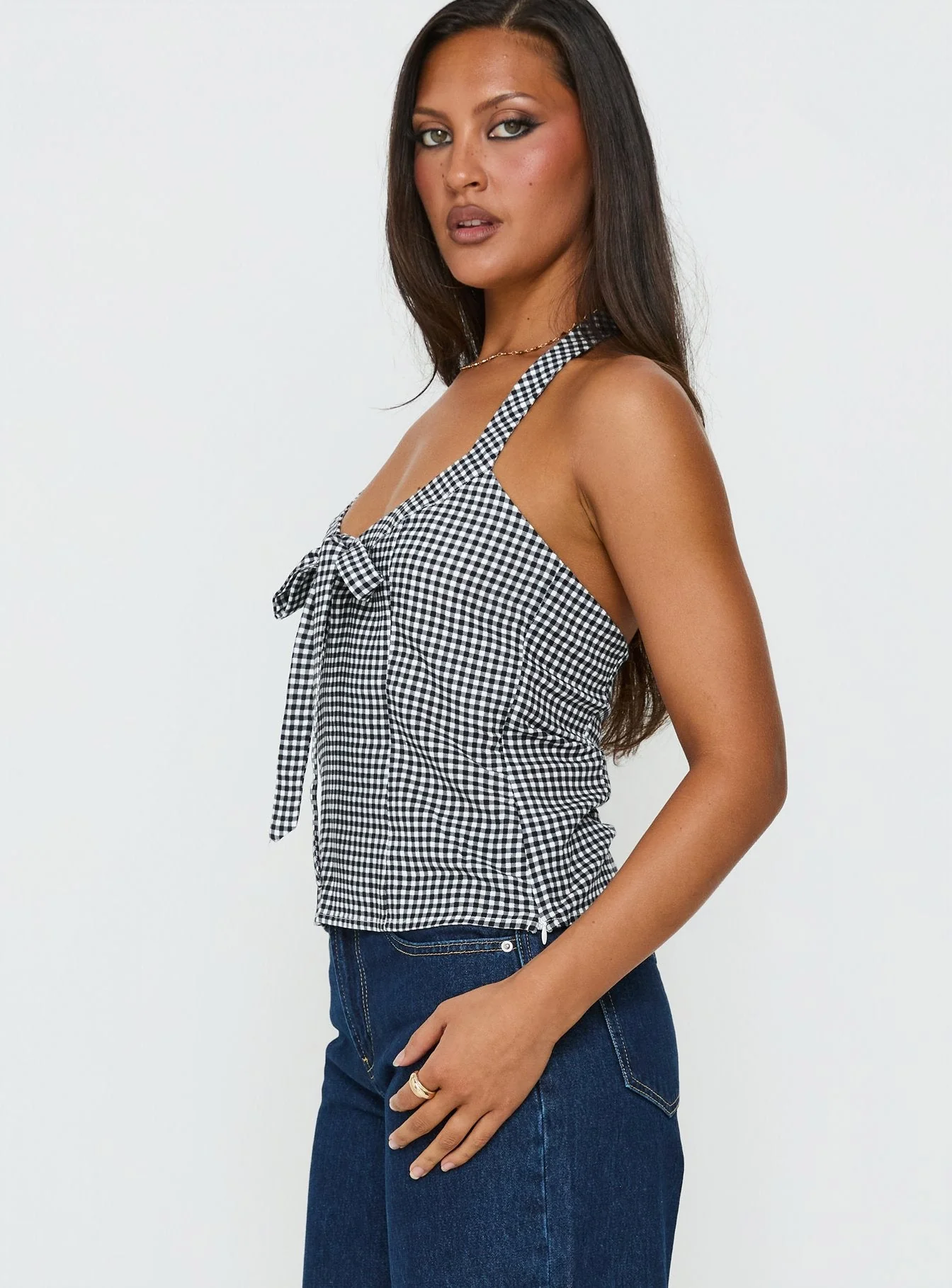 Puzzle Pieces Tie Detail Halter Top Black / White Gingham - Image 3