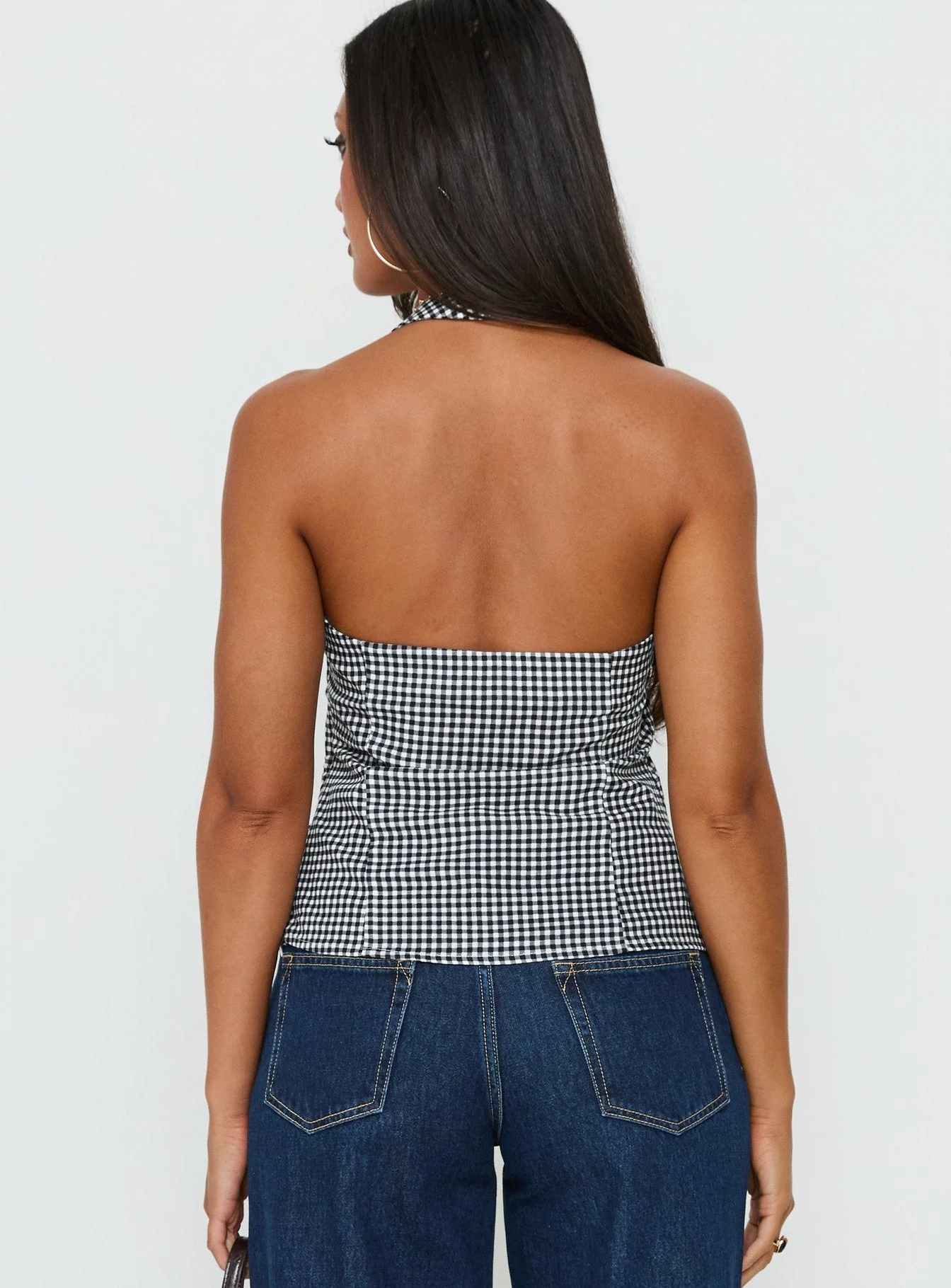 Puzzle Pieces Tie Detail Halter Top Black / White Gingham - Image 4
