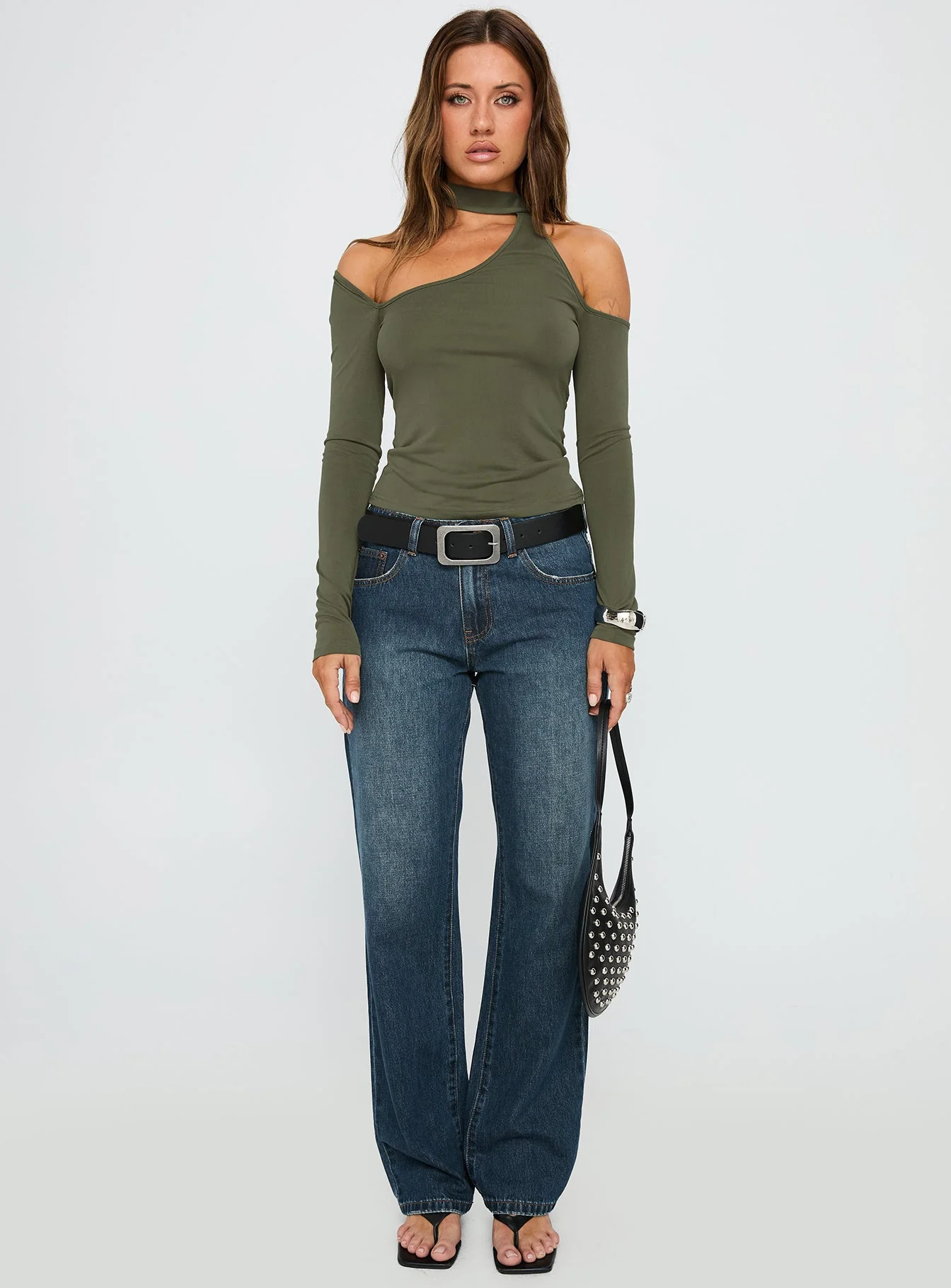 Radio Silent Scarf Tie Long Sleeve Top Dark Green - Image 7