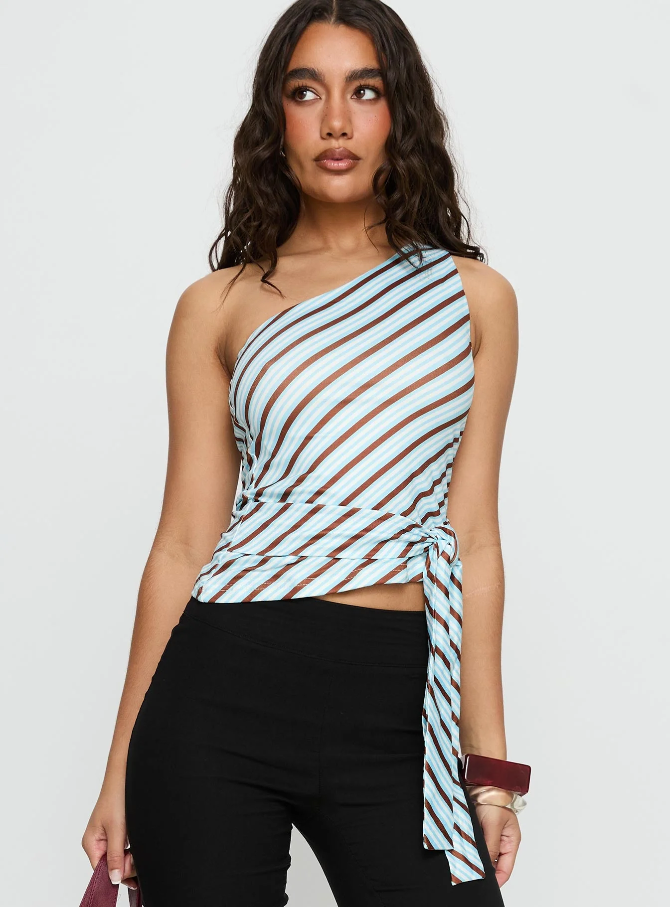 Ranae One Shoulder Tie Detail Top Blue Stripe - Image 2
