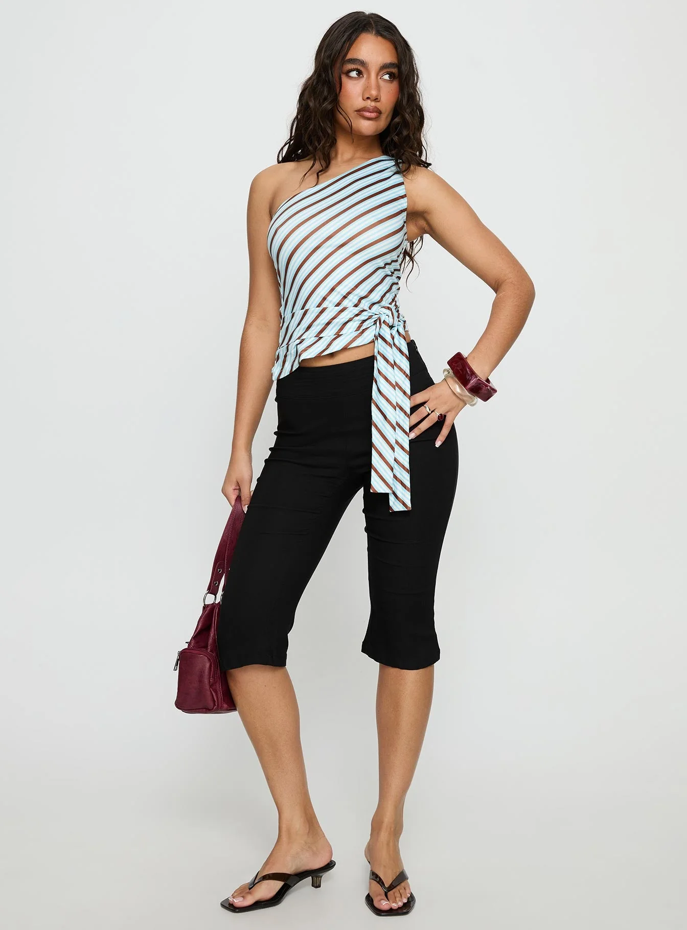 Ranae One Shoulder Tie Detail Top Blue Stripe - Image 3